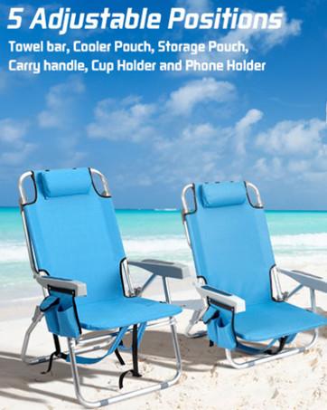 Outvita 2PCS Folding Beach Chair Adjustable Headrest w/4 Flexible Tilt Angle, Cup Holder Portable High Strength Cleanable Fabric, for Sand Camping Lawn Concert Travel Festival