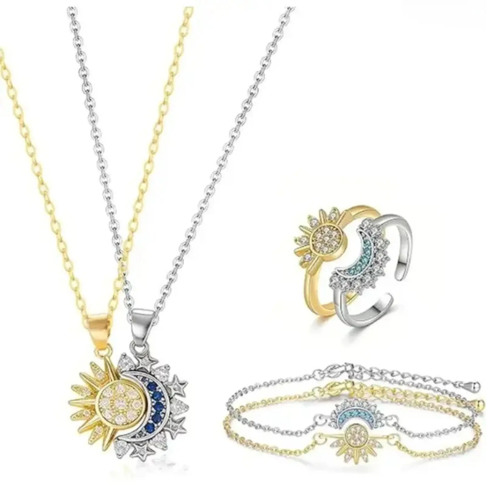 3 Pack Sun Moon Couple Matching Jewelry Set, Adjustable Magnetic Necklaces, Bracelets & Rings, Romantic His & Her Matching Ornaments, Ideal Love Gift for Dating Parties & Back to School Occasions