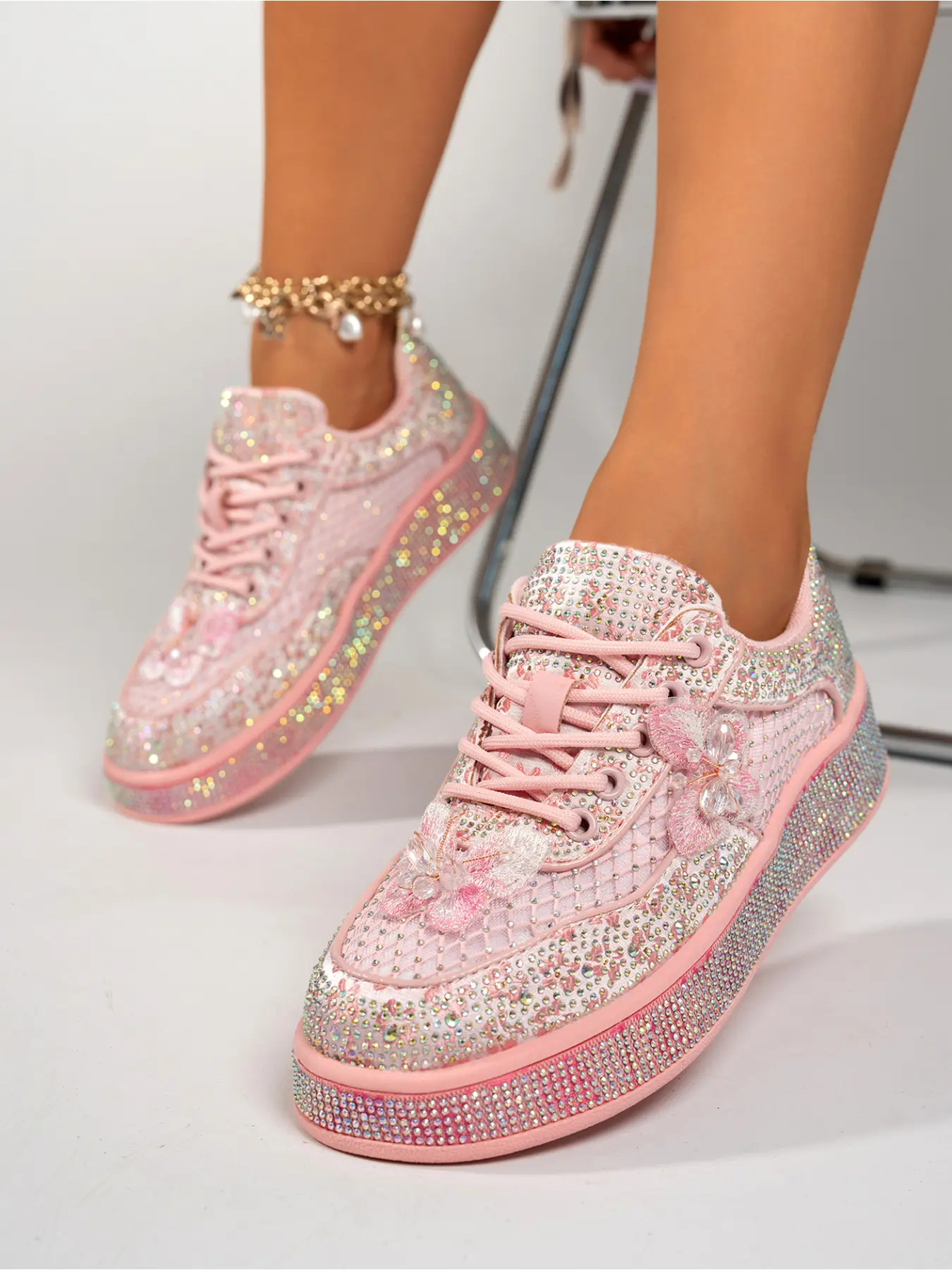 Women's Shoes Shiny AB Rhinestone Edge Platform Sneakers Breathable Mesh Upper Embroidery Butterfly Sweet Ladies Casual Shoes For Evening Event Club Party Daily Walking