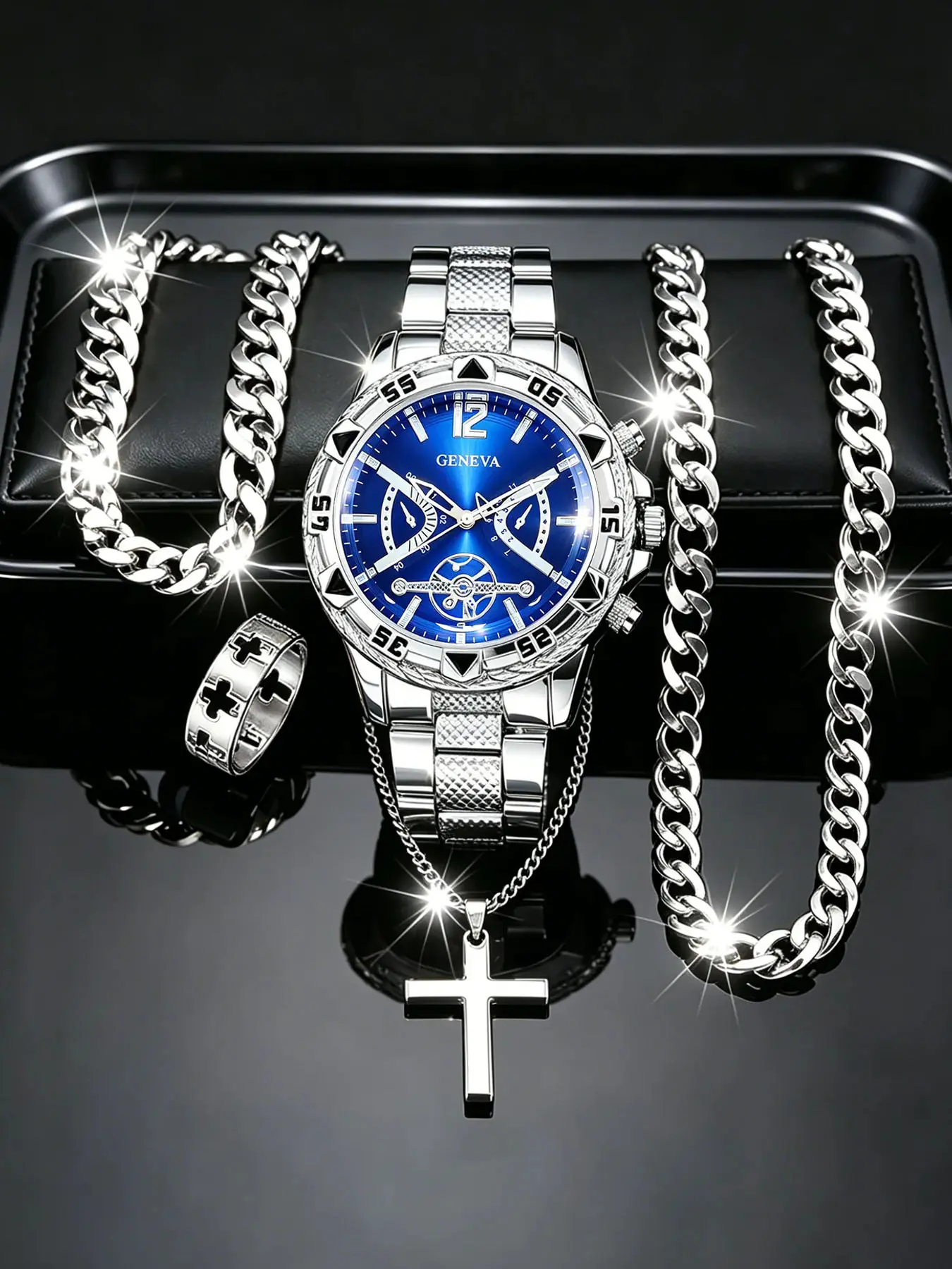 5 Pcs/Set Men's Fashion Trendy Blue Light Glass Quartz Watch, Necklace, Bracelet and Ring Set