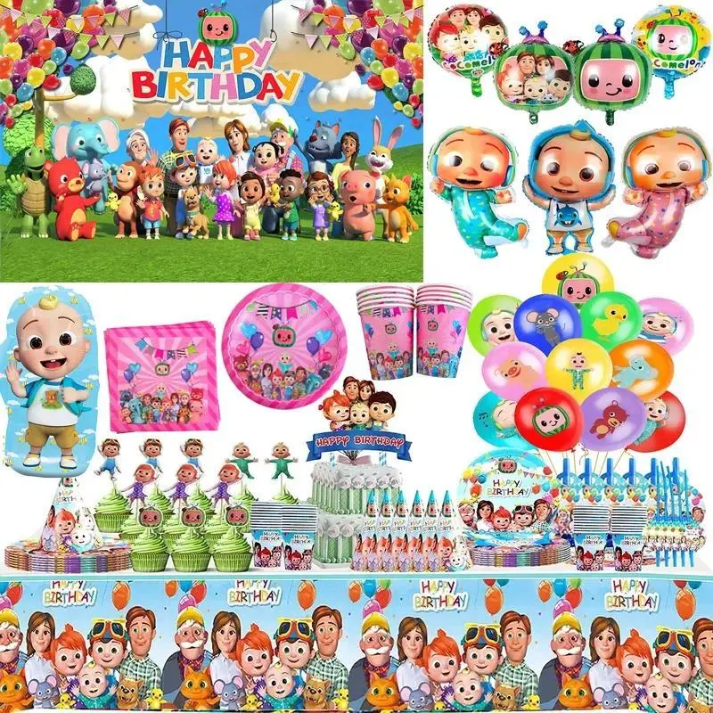 Cocomelon Balloon JJ Melon Watermelon Happy Birthday Banner Party Decoration Background Cake Topper JOJO Disposable Tableware