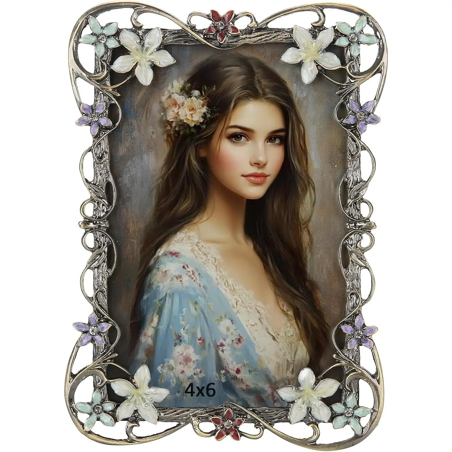 4x6 Antique Metal Enamel Colorful Floral Picture Frame for Camera Photos - Glass Front, Wall Display, Tabletop Use, Retro Art Decor, Wedding Gift for Women, Anniversary
