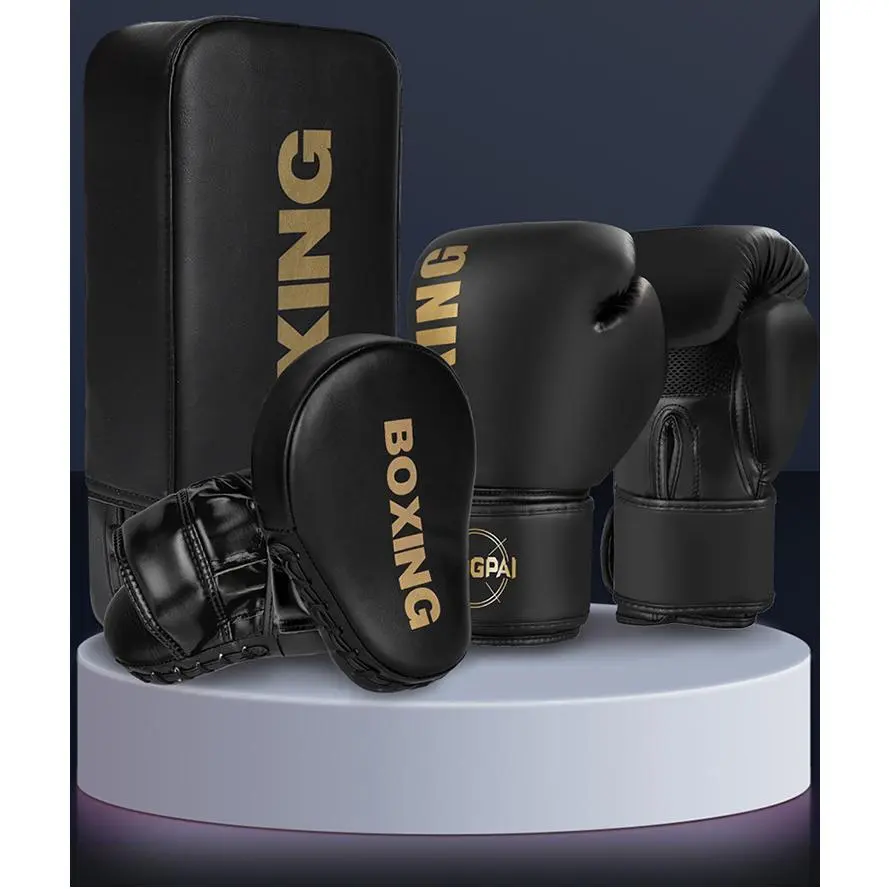 Unisex 6oz PU Leather Boxing Training Set, Martial Arts Equipment with Breathable Liner Gloves, Hand Targets and Kick Pad Combo for Kids, Adults, Multi-Sizes
