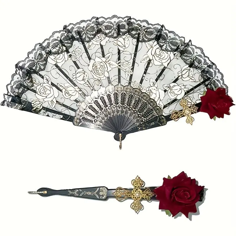 Portable Traditional Floral Vintage Spanish Flamenco Rose Lace Folding Fan - Wooden, Synthetic Unisex Handheld Accessory, Decor for Parties, Weddings, Ideal Home & Festive Party Supplies Gift