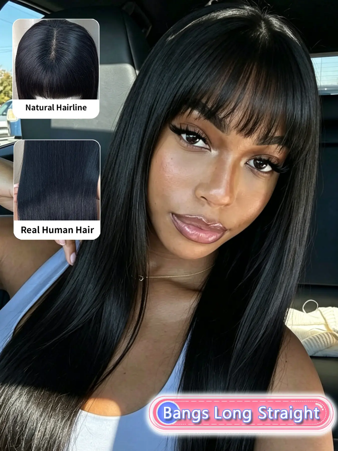 Luxury Human Hair Bang Wig, Black 5x5 Glueless Lace Closure Straight Wig, Silky Long Hair With Natural Curtain Bangs, Elegant Look For Women
