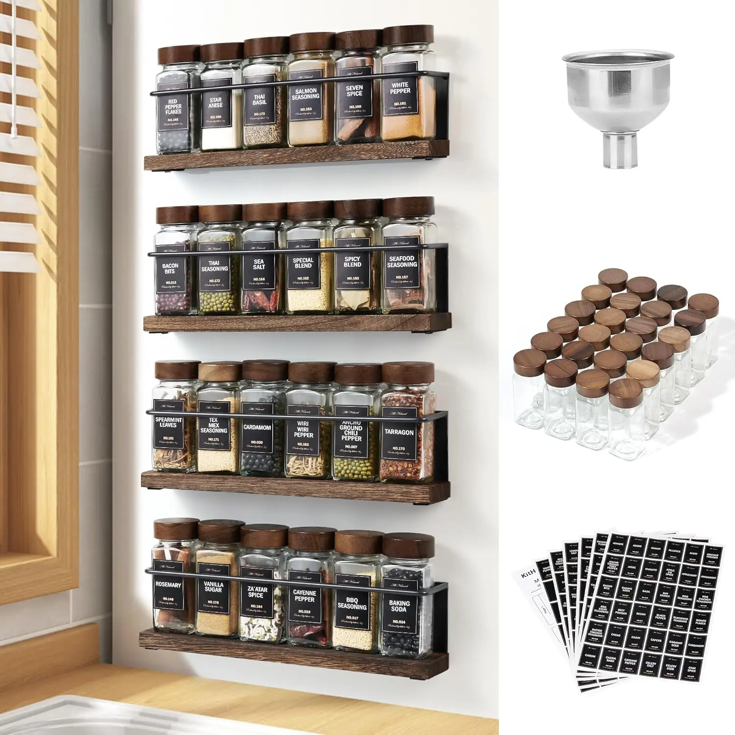Magnetic Wooden Caps Glass Spice Rack Canister Set - 24 Jars, Magnetic Metal Shelf, 216 Pre-Printed Labels, 1 Rust Resistant Stainless Steel Funnel, Space-Saving Kitchen Seasoning Organizer That Keeps Kitchen Clean for Refrigerator, Microwave Oven, Sturdy