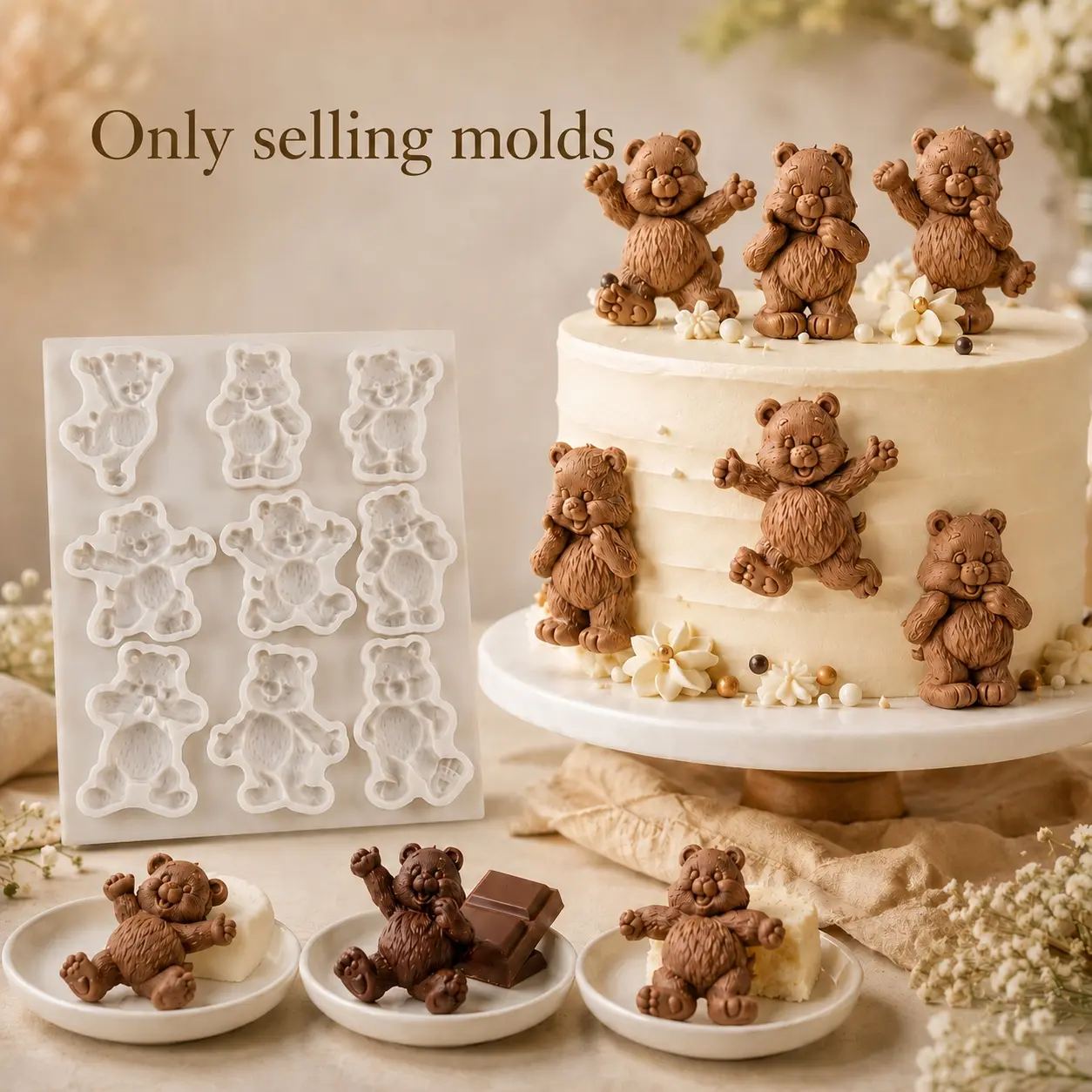 Cute Teddy Bear Silicone Mold & Fondant Moulds, Reusable Mold, Cartoon Bear Baking Tool, Food Grade Silicone for Cake Decorating, Chocolate Candy Making, Cupcake Topper, DIY Epoxy Resin Pendant, Plaster Craft & Soap Candle Making Tools