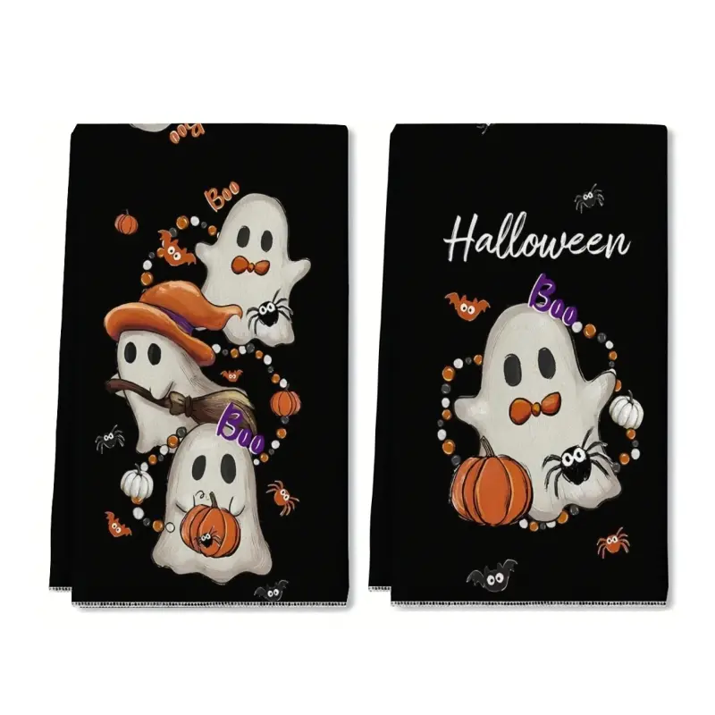 2-pack Halloween Ghost Kitchen Towels, 16x24 inch Microfiber Absorbent and Quick-Drying Dishcloths, Dish Rags for Washing Dishes, Black Background with Pumpkin, Spider, and Bat Decorations, Cute and Spooky Kitchen Decorations, Halloween Party Gifts.