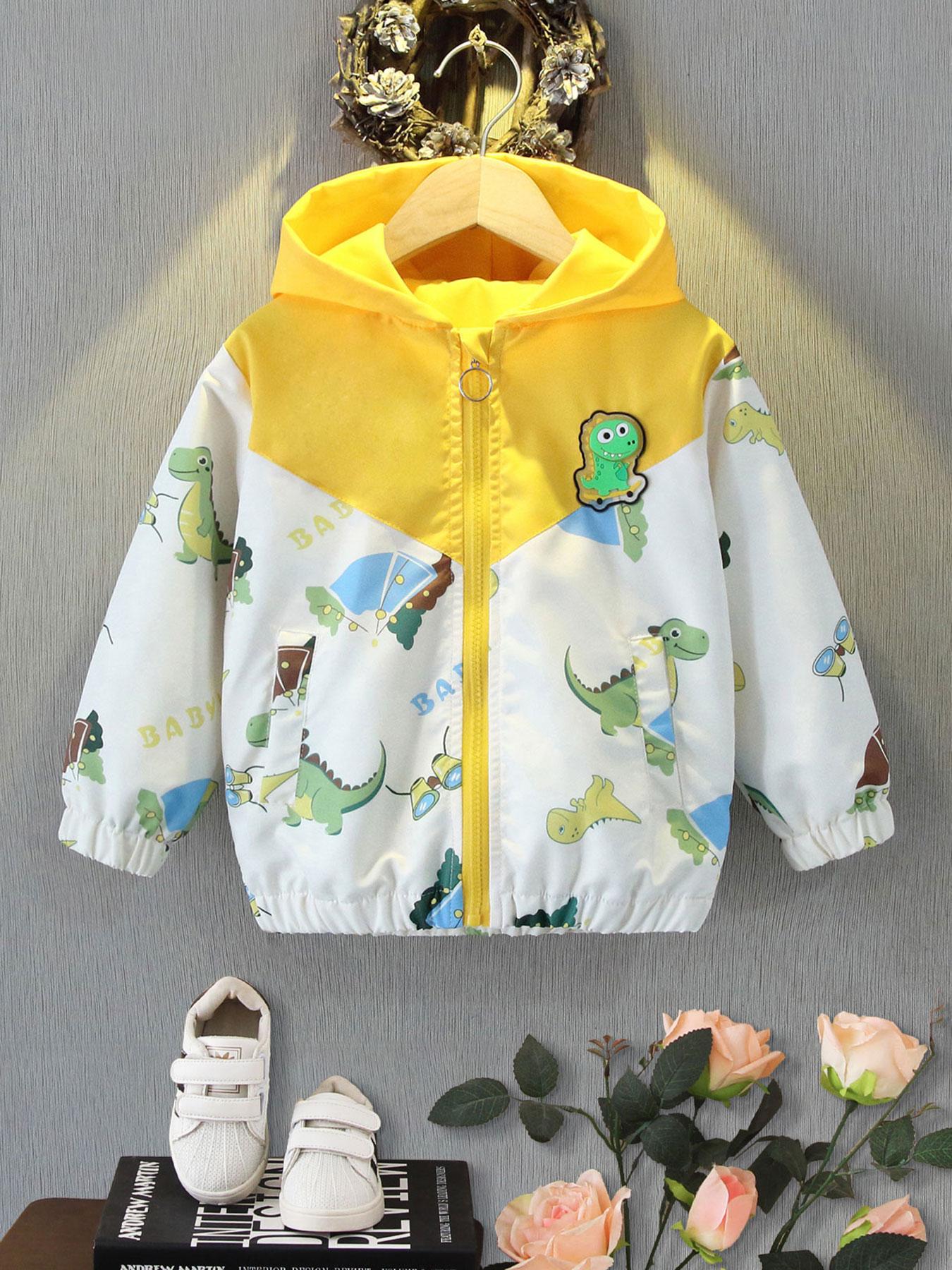 Boy's Cartoon Dinosaur Print Zip Up Hooded Jacket, Cute Casual Long Sleeve Outerwear for Spring & Fall, Kids Clothes for Daily Wear