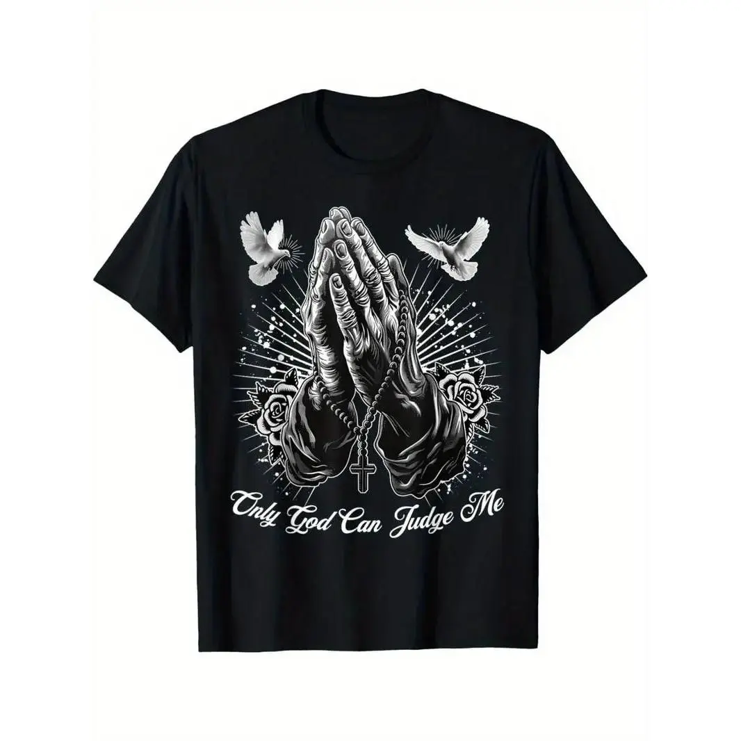 Men's Classic Pure Cotton Short-Sleeve Graphic T-Shirt Top, Casual Streetwear with "Only God Can Judge Me" Print, Prayer Hands, Chicano Tattoo, Doves, All-Seasons Menswear, Thick