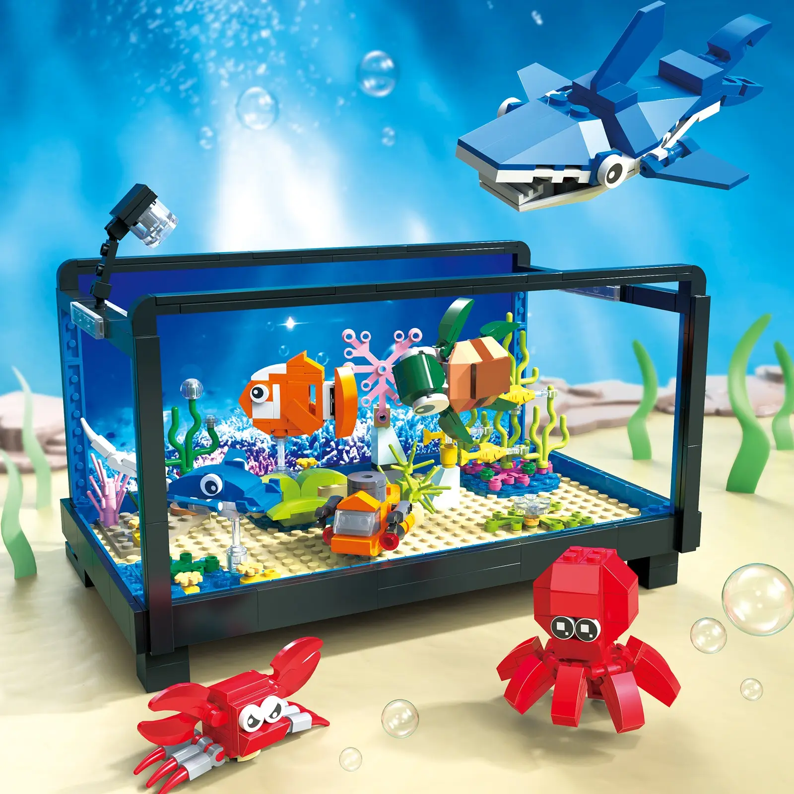 Aquarium Building Kit Yc101, Creative Ocean Block Toy Model, Fish Tank Display Set, Perfect for Boys and Kids, Educational Playset, Bricker Build Sets