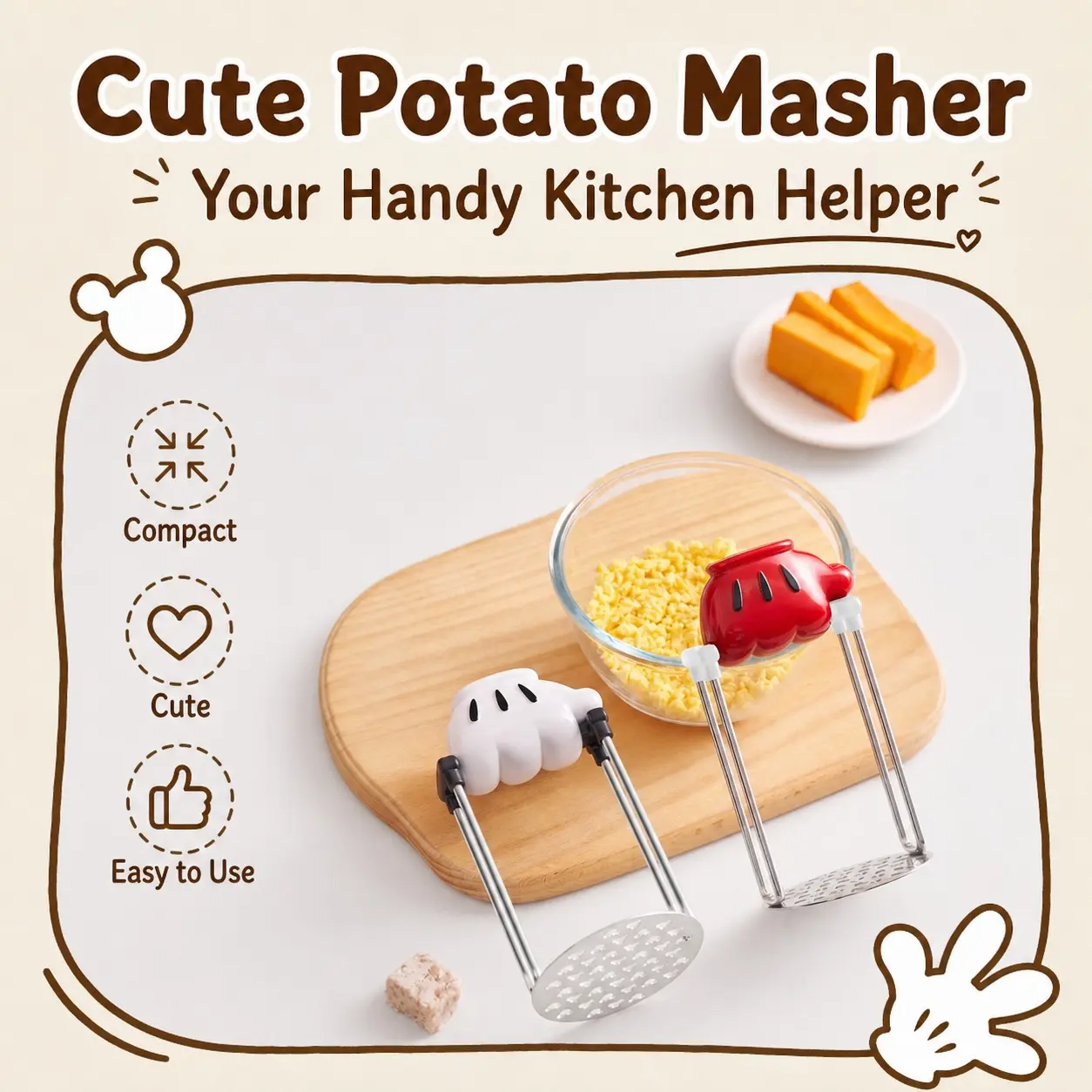 Manual Potato Masher, Ergonomic Design, Non-Slip Grip, Multi-Functional Food Processor, Ideal for Potatoes, Sweet Potatoes, Pumpkins, Hard Boiled Eggs