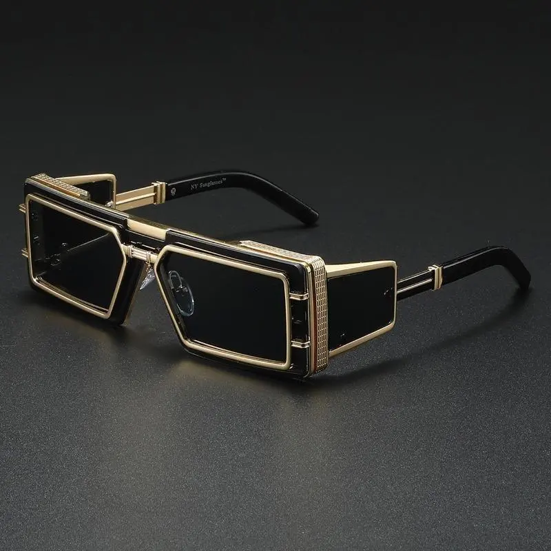 Futuristic Metal Frame Glasses for Men, Edgy Runway Style Sports Eyewear with UV400 Protection for Casual Wear, Modern Frames Sunglasses, Trendy Shades, Stylish Sunglasses, Male, Gloss Black Frame, Gold Accents, Solid Grey Lenses