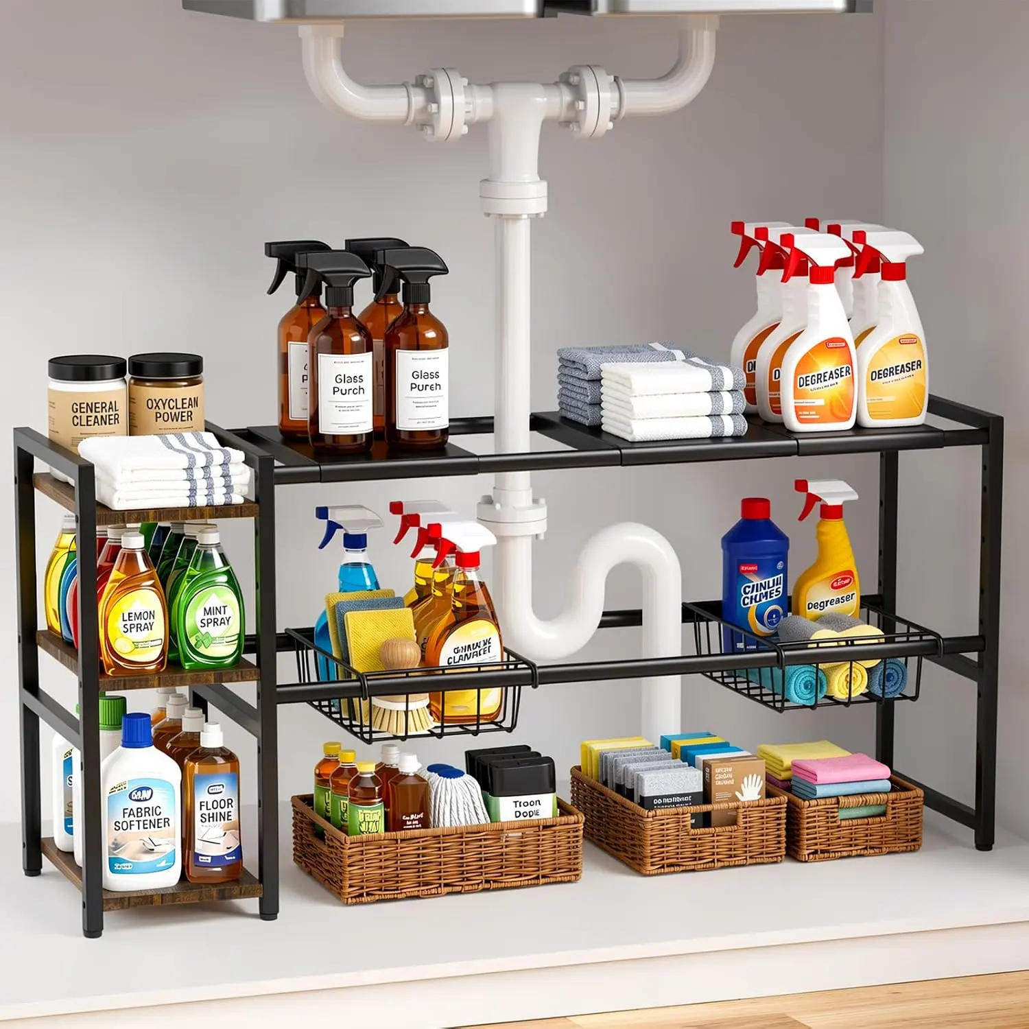 Expandable Under Sink Cabinet Organizer Rack and Storage Shelf | 24"-37.8" Expandable Length, 3-Tier Side Wooden Shelves, Height Adjustable for Kitchen Bathroom