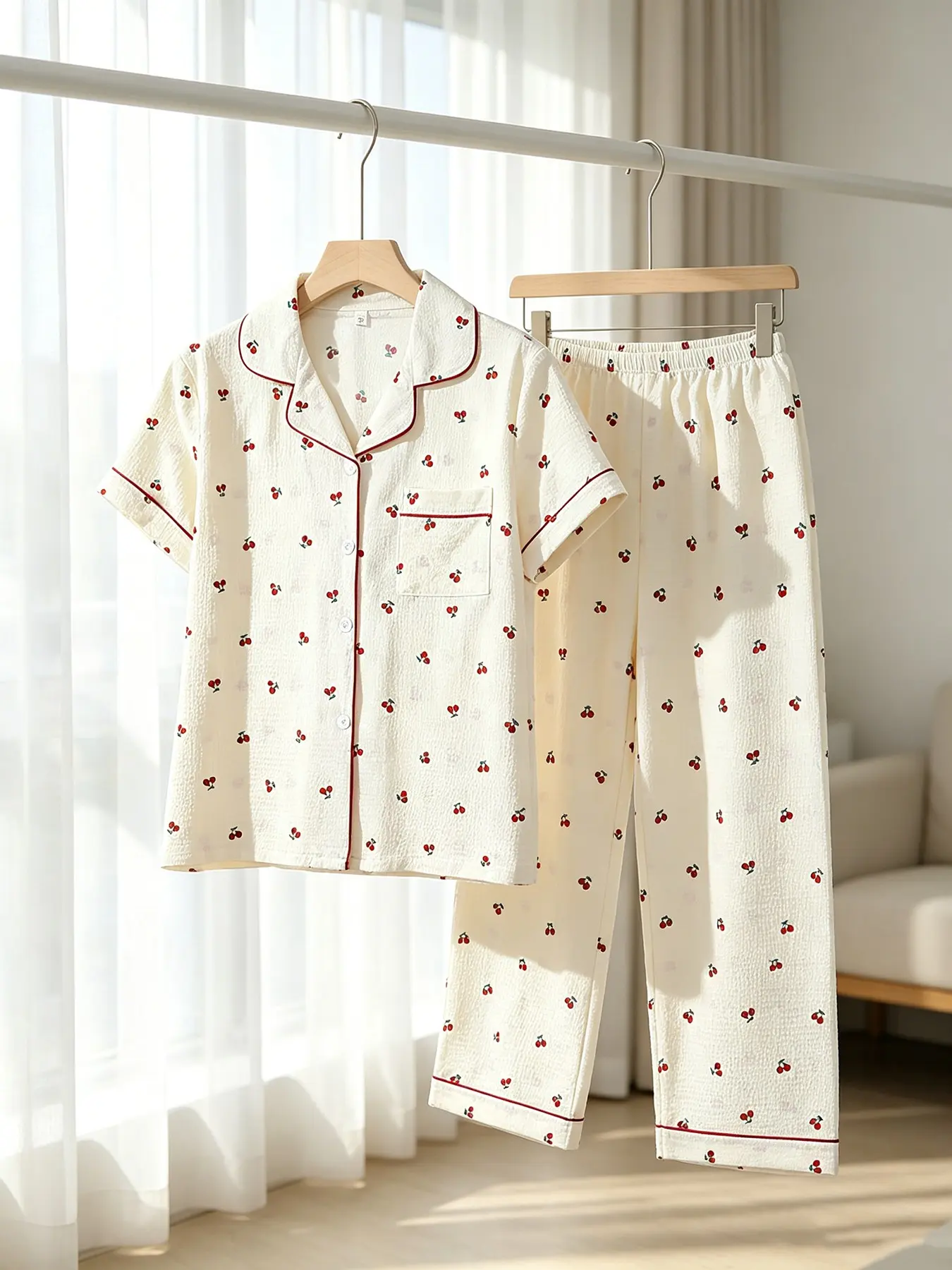 Women's Button-Down Short Sleeve Top & Long Pants Pajama Set, White Cherry Print, Classic Collar, All Season Wear, Loose Fit, Casual Lazy Day-to-Night Loungewear for Home & Casual Outings, Nightwear Pjs, Knitting Pajama Set