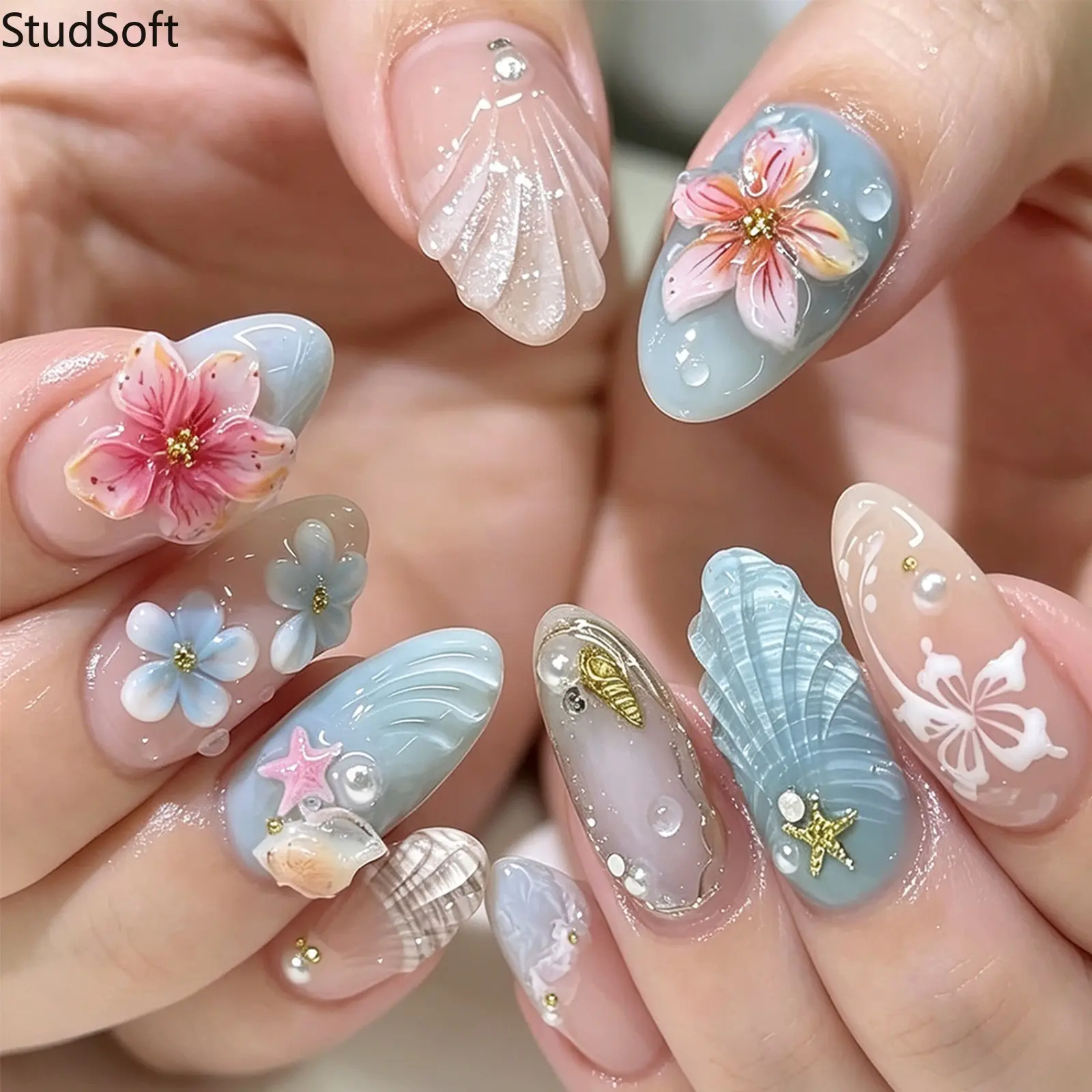 24pc 3D Ocean Shell Press on Nails Medium Almond Fake Nail Patches Glossy Tropical Flower Artificial Nails Reusable Summer Vacation Manicure