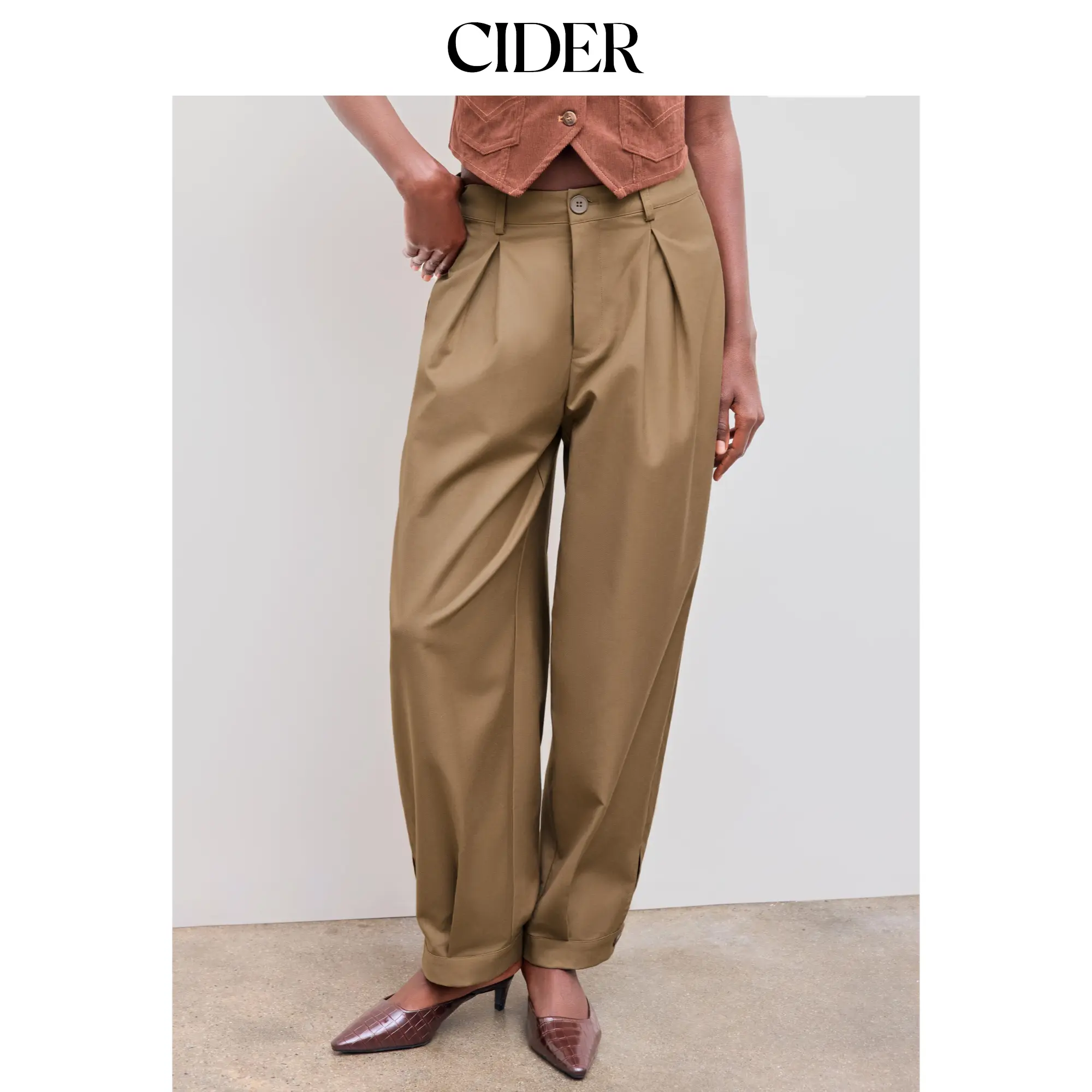 Cider [size 2-10] Mid Rise Solid Pocket Pleated Tapered Trousers