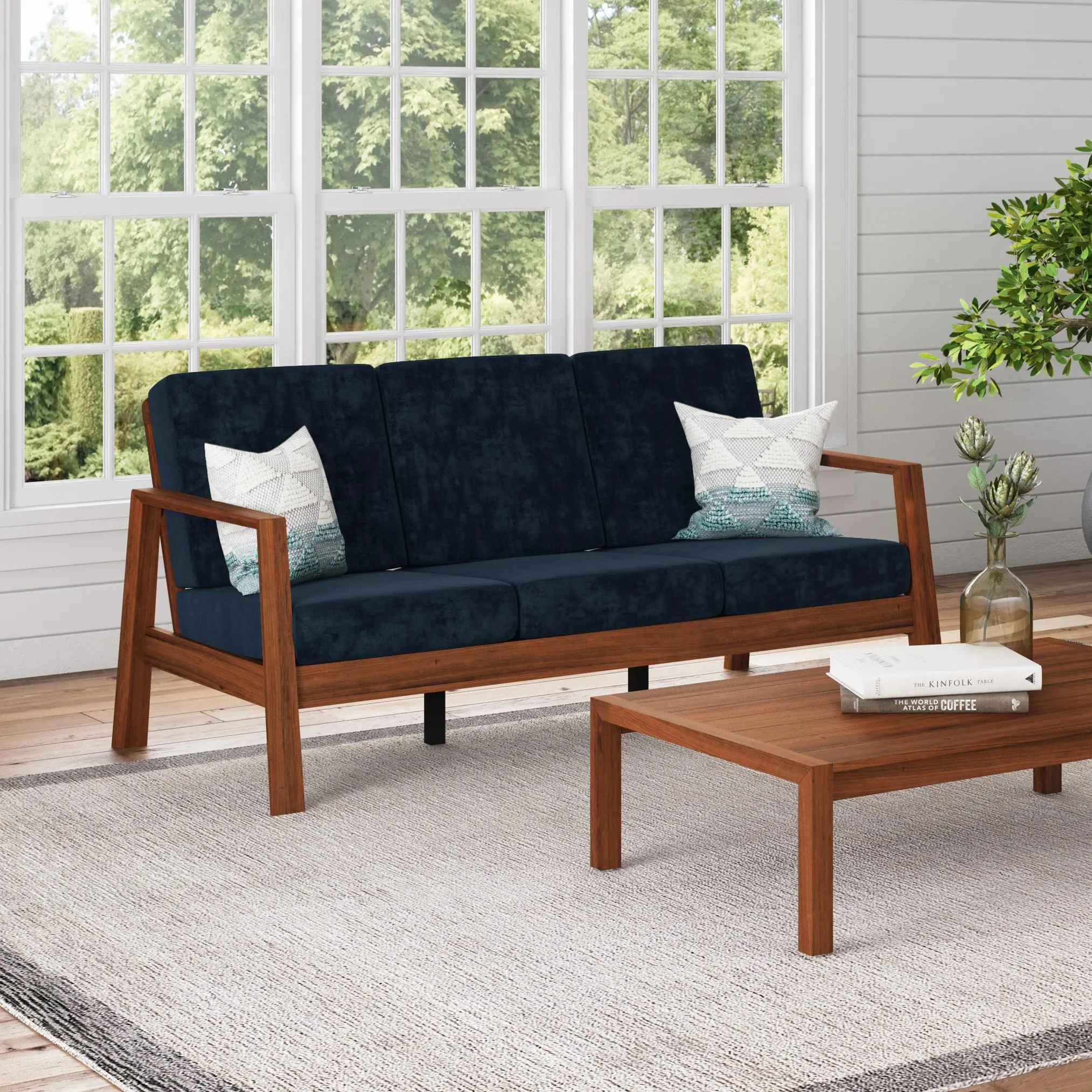 ARCH Mid-Century Modern Sofa with Exposed Solid Wood Frame, Velvet Navy Blue Upholstered Couch for Living Room, Stylish Indoor Furniture, Comfortable Seating for Home, Single Sofa Unit, Living Room Furniture for Apartment, Lounge, Family Room