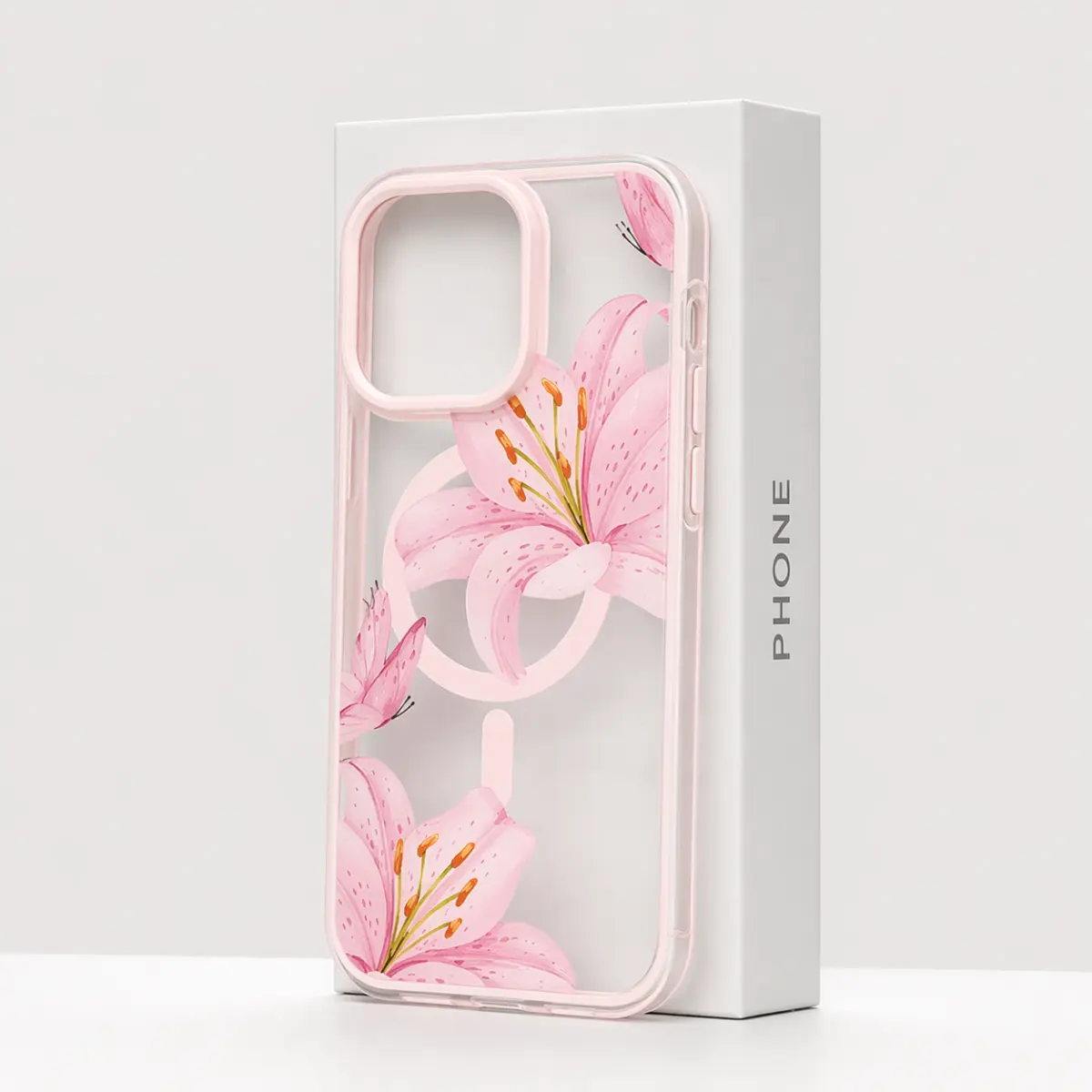 Pink Lilies Magnetic Silicone Phone Cover for iPhone 17/16/15/14/13/12 Pro - Flower Pattern, Transparent, Ultra-Thin, Shockproof Case - Christmas Gift Mobile Phone Accessory, Flowers, Smartphone, Protection