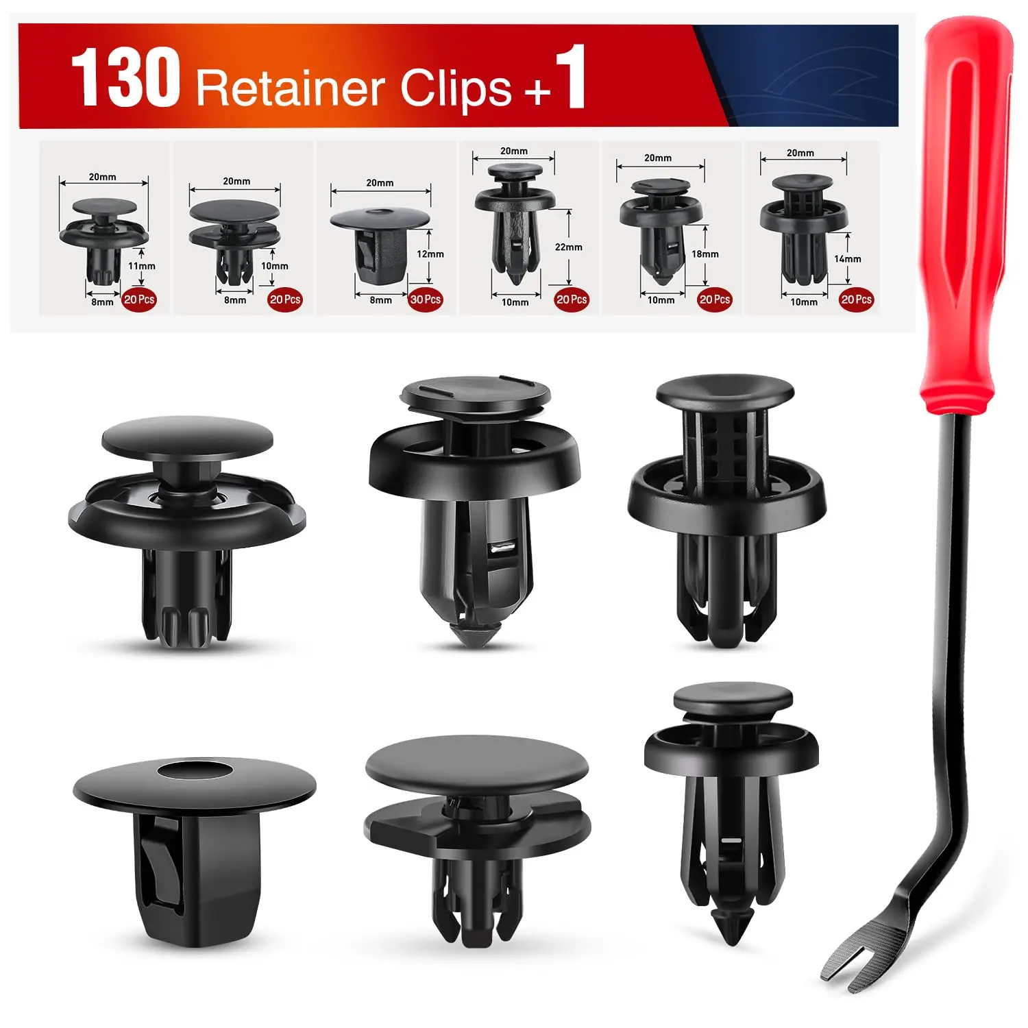 Nilight 131PCS Plastic Reusable Nylon Push-Type Retainers - 10mm Hole Universal Fit Fastener Clips with Remover, Secure Hold Car Bumpers/Fenders Replacement Fasteners for Honda Acura Automotive Use