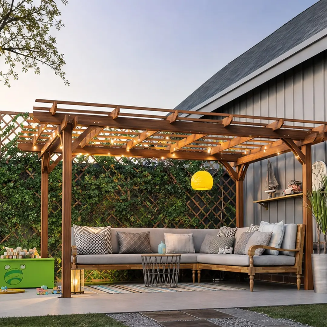 ARCH Rectangle Brown Fir Wood Pergola Gazebo (12x10 FT, 120w x144d x88.44h in, 190.00 lb) - Outdoor Canopy for Patio, Weather-Resistant Shelter, Sun Protection, Multi-Layer Roof, Climbing Plants Support, Easy Installation, Garden Arbor for Barbecues