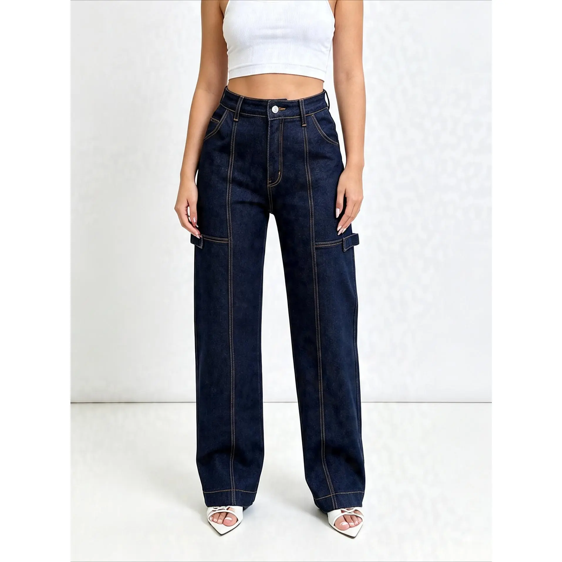Women Dark Raw Denim High Waist Cargo Wide Leg Jeans Orange Contrast Stitch Carpenter Pants Side Pocket Loose Straight Baggy Streetwear Y2K Trousers
