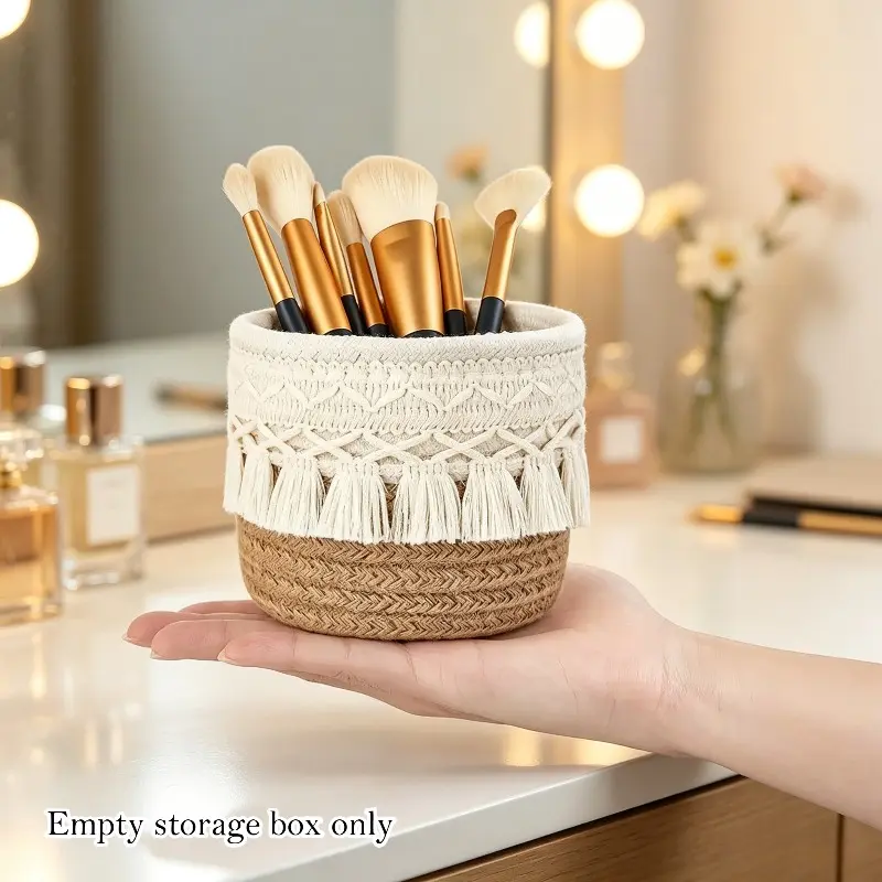 Round Woven Desktop Storage Basket – Makeup Brush & Cosmetics Organizer, Decorative Boho Catchall for Vanity, Desk & Bedroom, Multipurpose Desk Storage Container