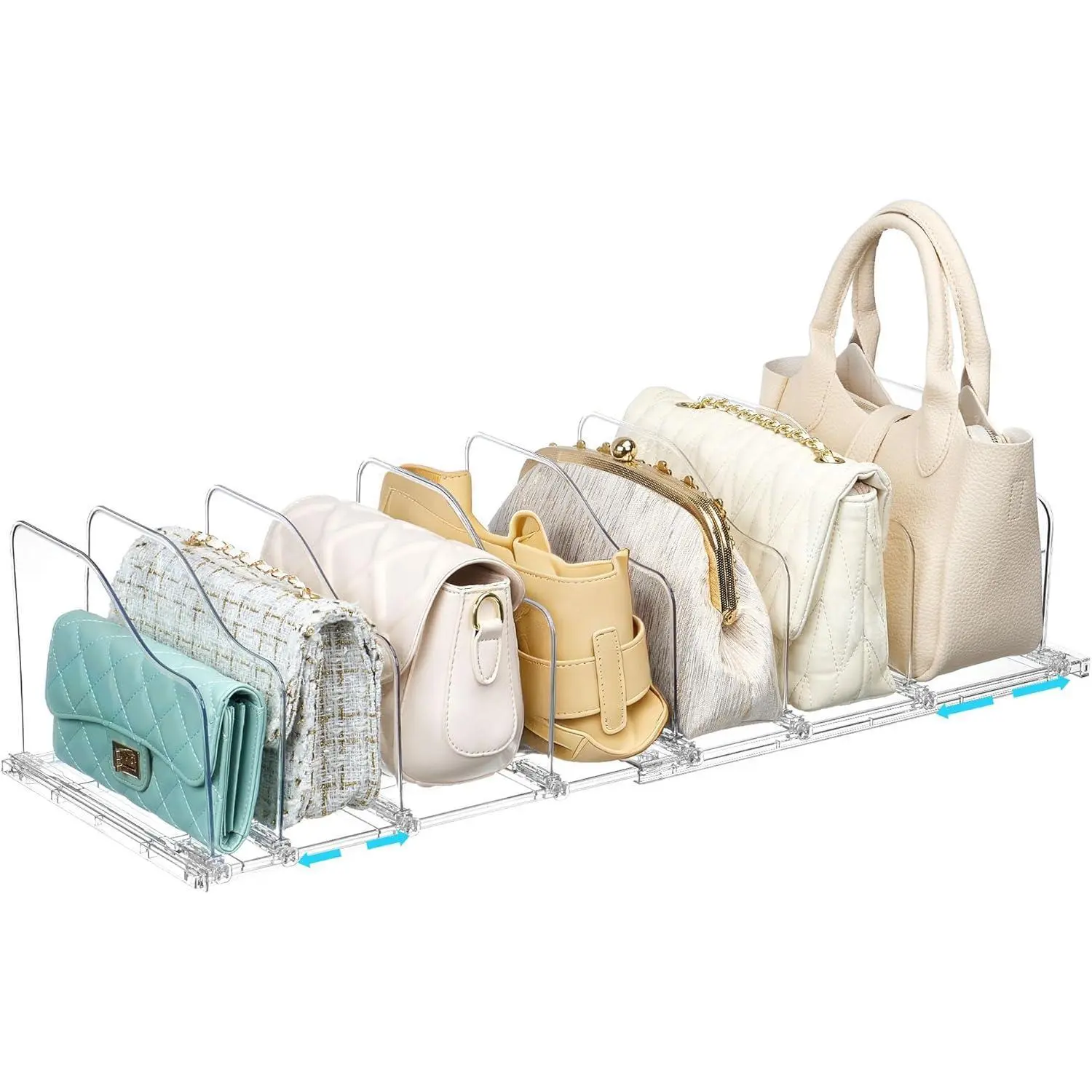 Free-Adjustable Purse Organizer for Closet with 2 Base, Clear Handbags Storage Organizer, Fits Different Bag Sizes & Closet Shelf, Expandable Plastic Shelf Dividers for Handbags, Wallets