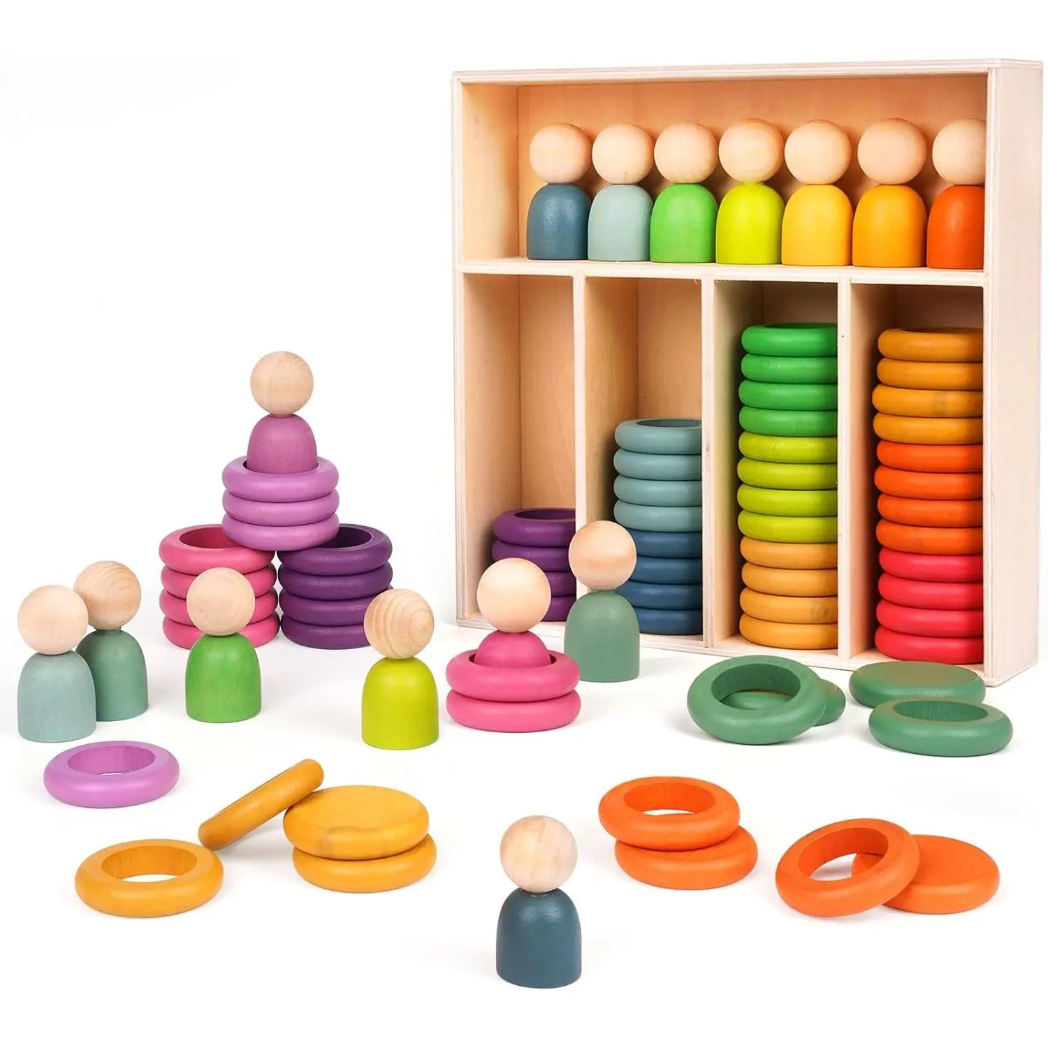 Montessori Toys Wooden Color Sorting Stacking Rings Toy Rainbow Wooden Peg Dolls Counting Toys Circular Building Blocks Stacking Game Preschool Learning Education Fine Motor Skill Toys for Toddlersfidget toys