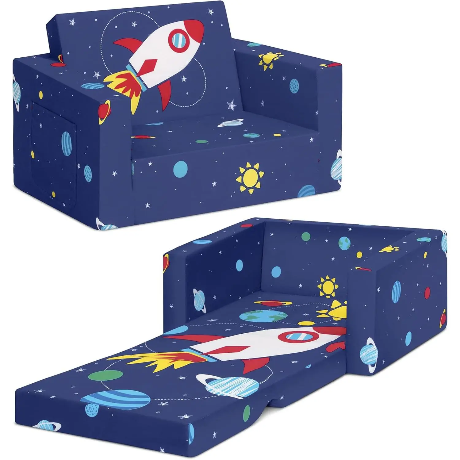Space Theme 2-Seater Kids Convertible 2-in-1 Flip Open Foam Couch Sleeper, Toddler Sofa Bed Lounger for Playroom & Bedroom