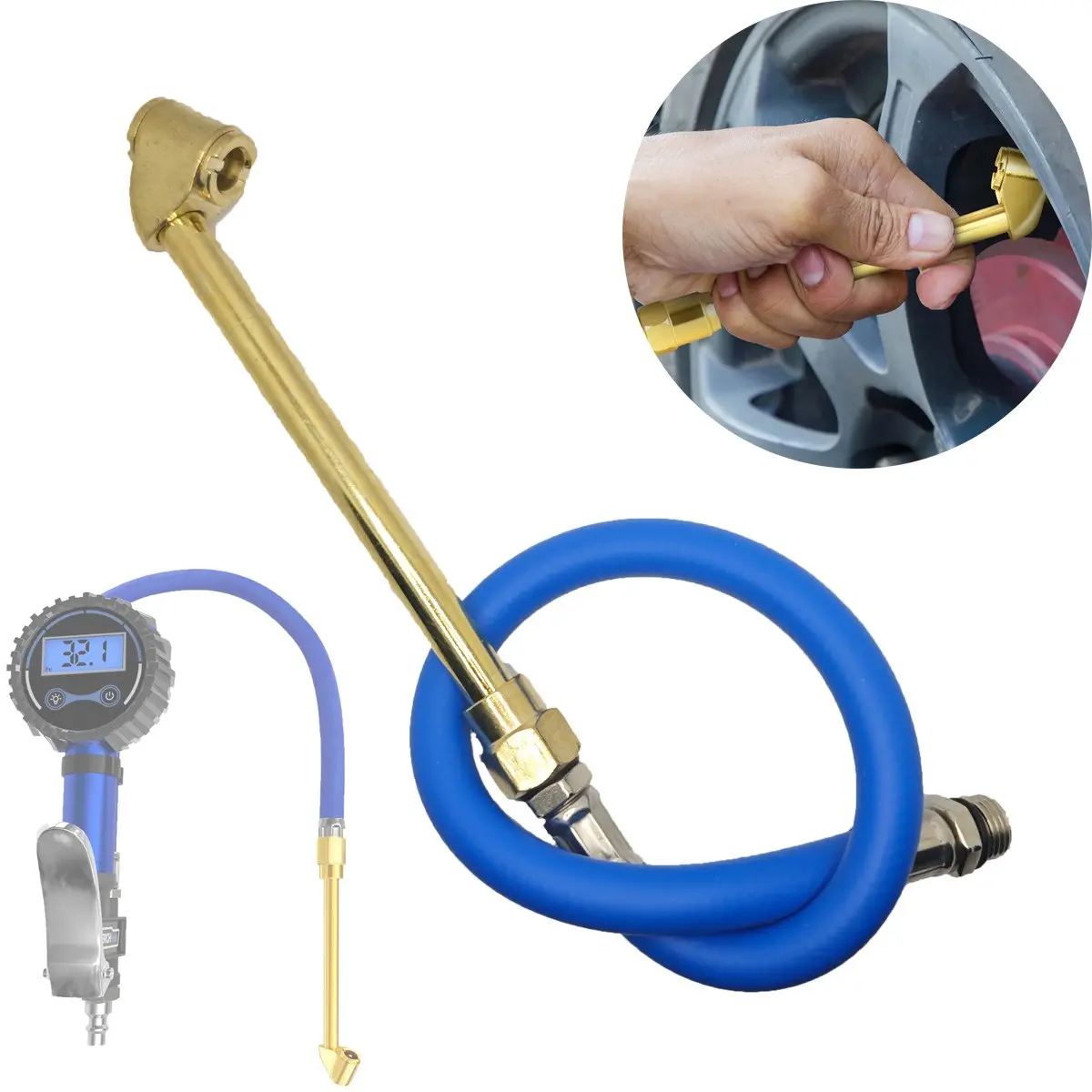 Tire Clamp Disk, Dual-Head Pressure Gauge Inflation Hose, Quick Tire Inflation Nozzle, Dual Head Air Chuck Set for Tire Inflator Gauge