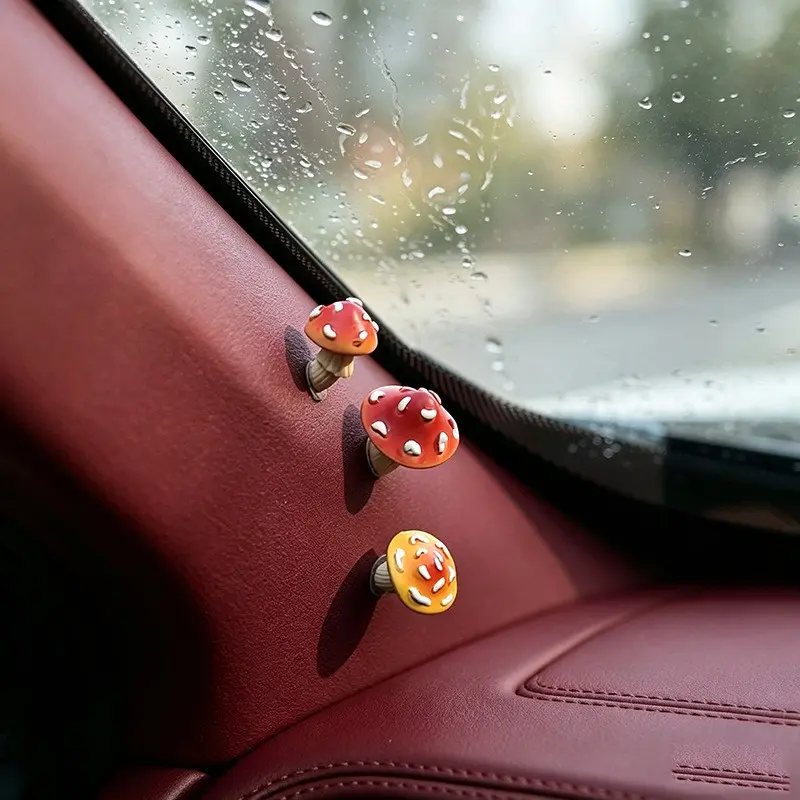 3Pcs Slant Mushroom Car Mini Ornaments, Cute Cartoon Dashboard Stick-On Decor, Fun Automotive Interior Accessories