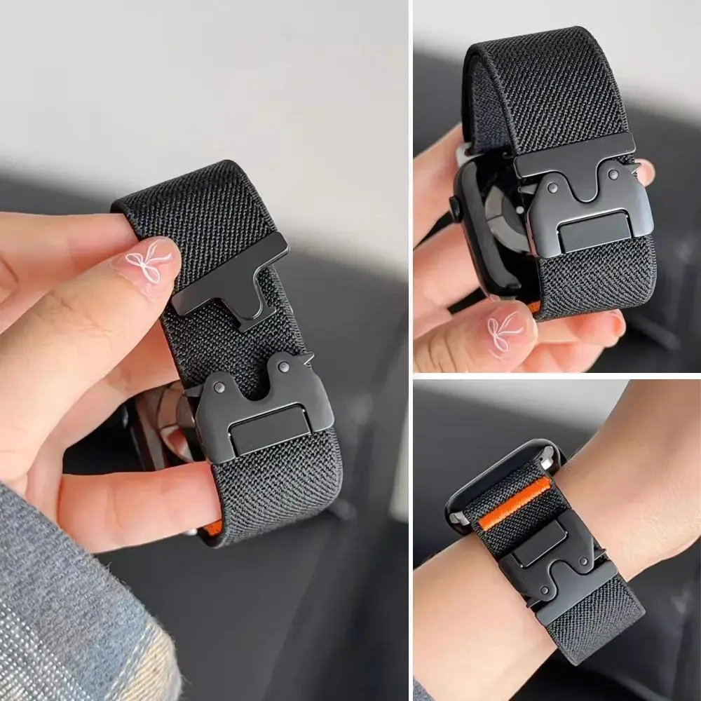 Parachute Buckle Nylon Solo Loop Watch Band Compatible with Apple Watch Ultra 3/Ultra 2/Ultra, Series 11–6 & SE, Stretchy Adjustable Sport Strap for 38mm–49mm, Lightweight Breathable Wristband for Daily & Fitness Wear, Watch Not Included