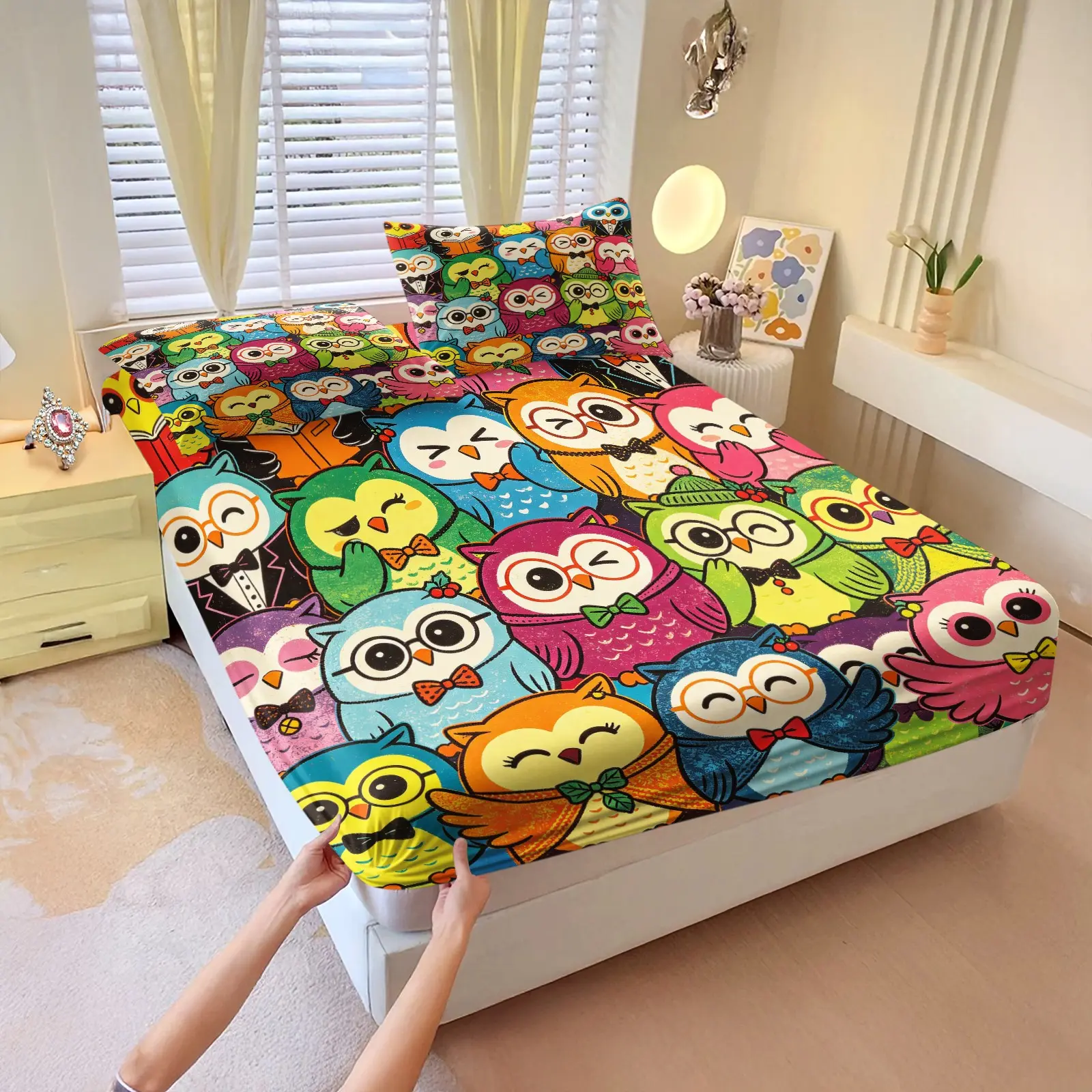 3Pcs Vintage Cute Pet Allover Fitted Sheet Set, Owl Fox Dog Hamster Cartoon Print, Stretch Anti-Slip Washable Matching Bedding for Girls Apartment & Homestay Decor
