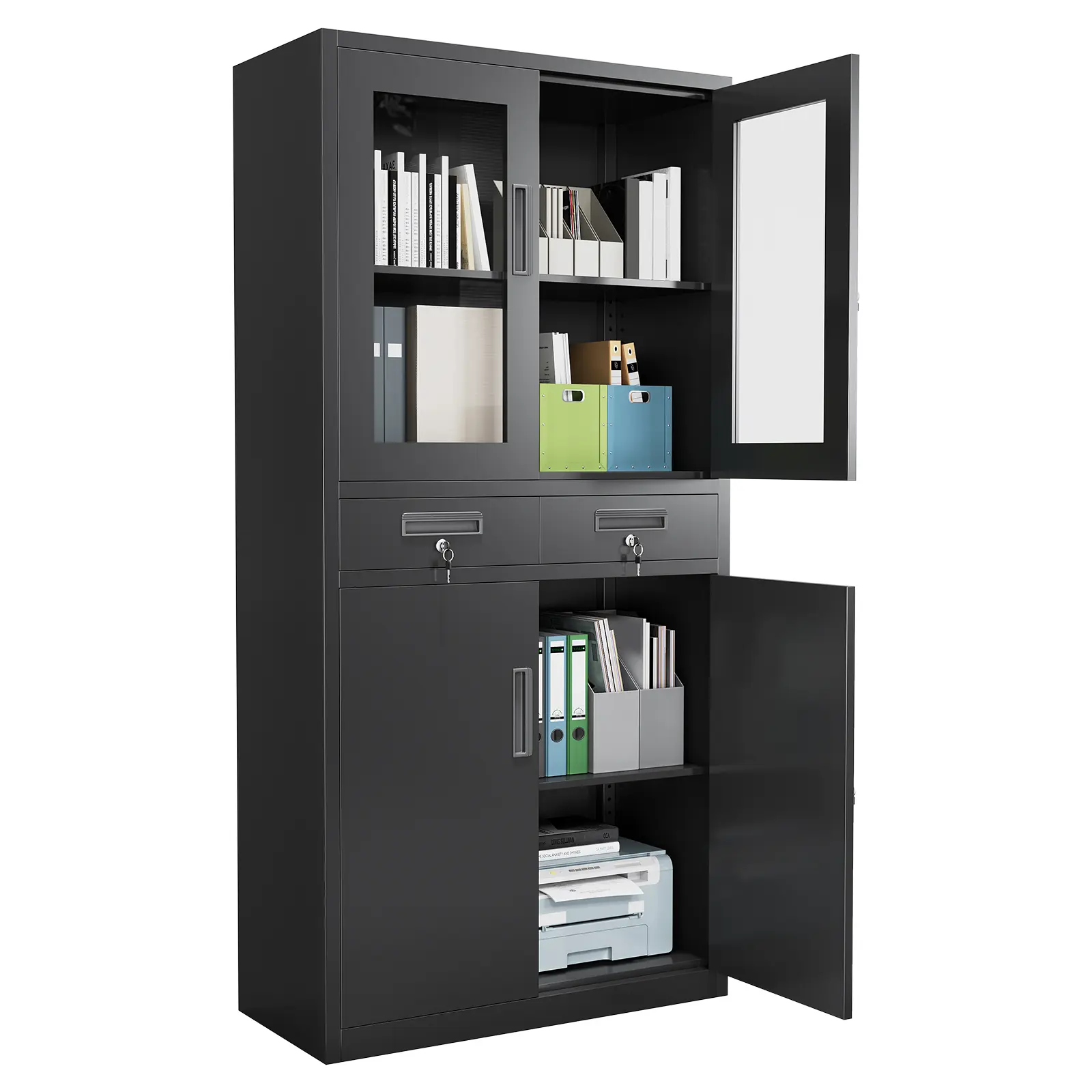 71" Black Metal Storage Cabinet With Glass Doors, Lockable Design Including 2 Drawers & 2 Adjustable Shelves, Storage Organizer for Garage and Home Office
