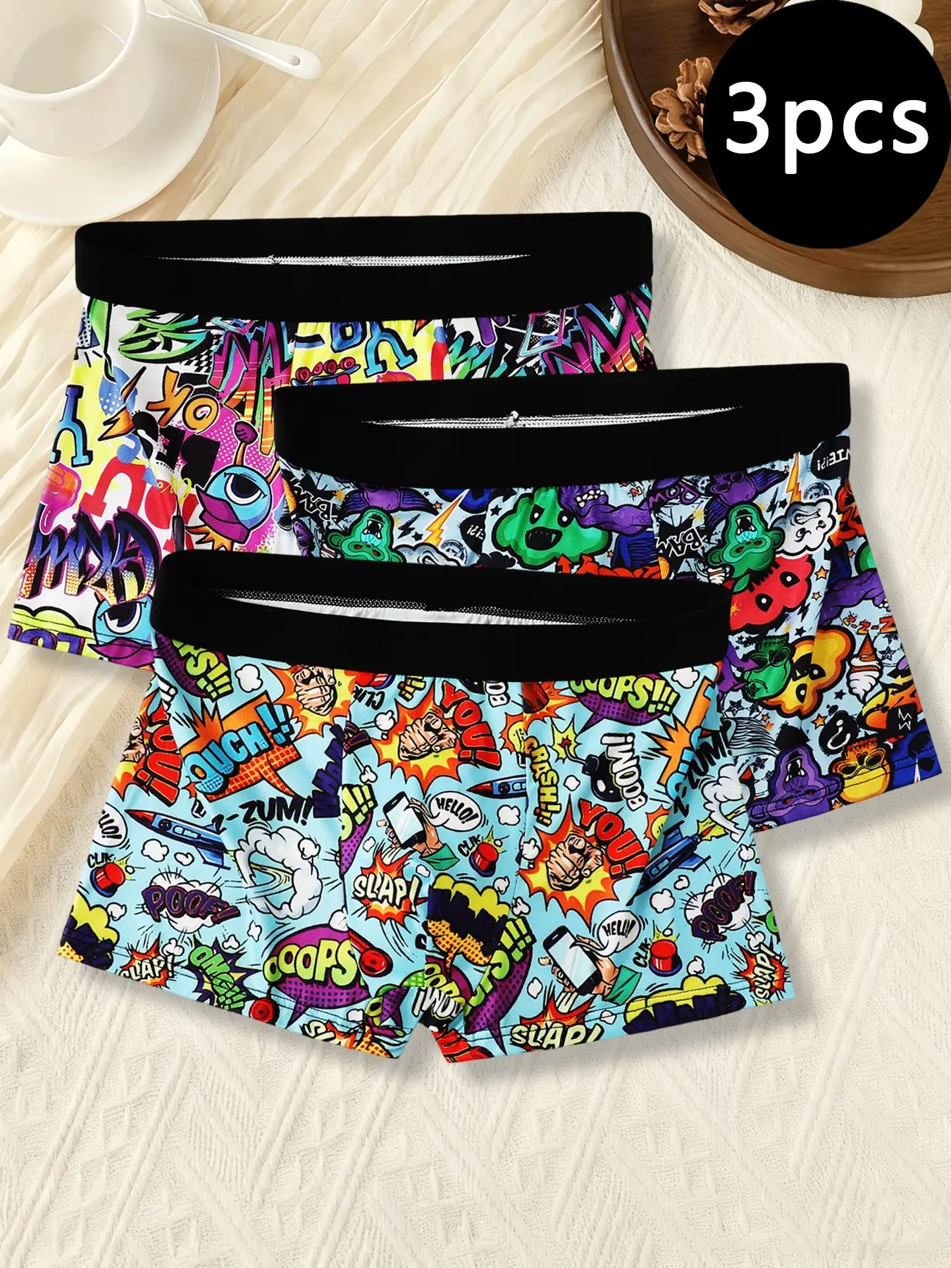 Men's Fun Graffiti Print Boxers, 3-Pack Street Style Underwear, Streetwear Underwear, Soft Comfortable Fabric, Fitted Regular Fit, All Seasons Wear