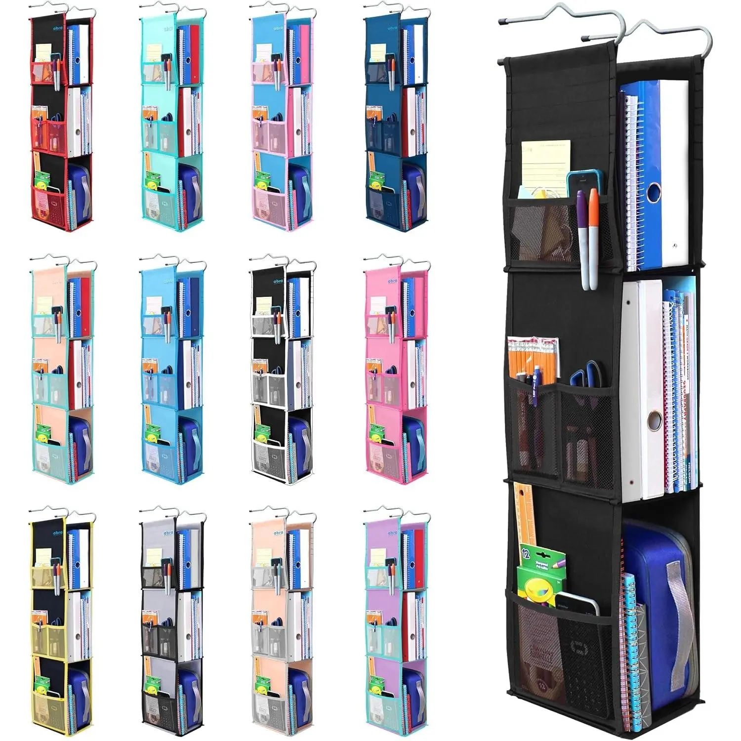 ® 3 Shelf  Locker Organizer for School, Work, Gym, Closet | Deep Shelves 6.5”x 9”|  Fabric  for  | Adjustable School Locker Shelf from 3 to 2 Shelves (Pure Black)