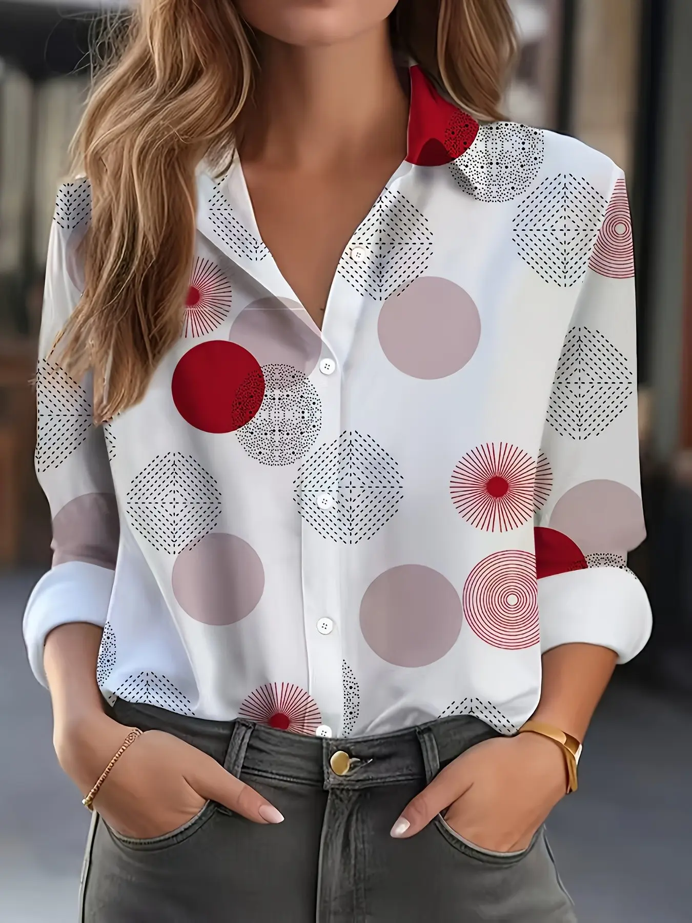 2026 New Women's Retro Colorblock Polka Dot Blouse, Soft Youthful Spring Summer Casual Button Shirt, All over Print, Loose-Fitting