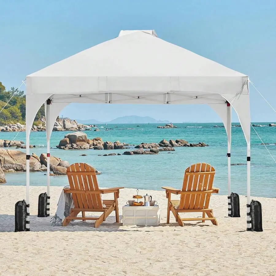 10x10 Pop Up Canopy Tent With Vent, Easy Set Up Tent, Instant Sun Shelter Canopy With Wheeled Bag, 4 Sandbags, 12 Stakes & 4 Ropes, For Parties, Beach, Outdoor, Silver-Coated White