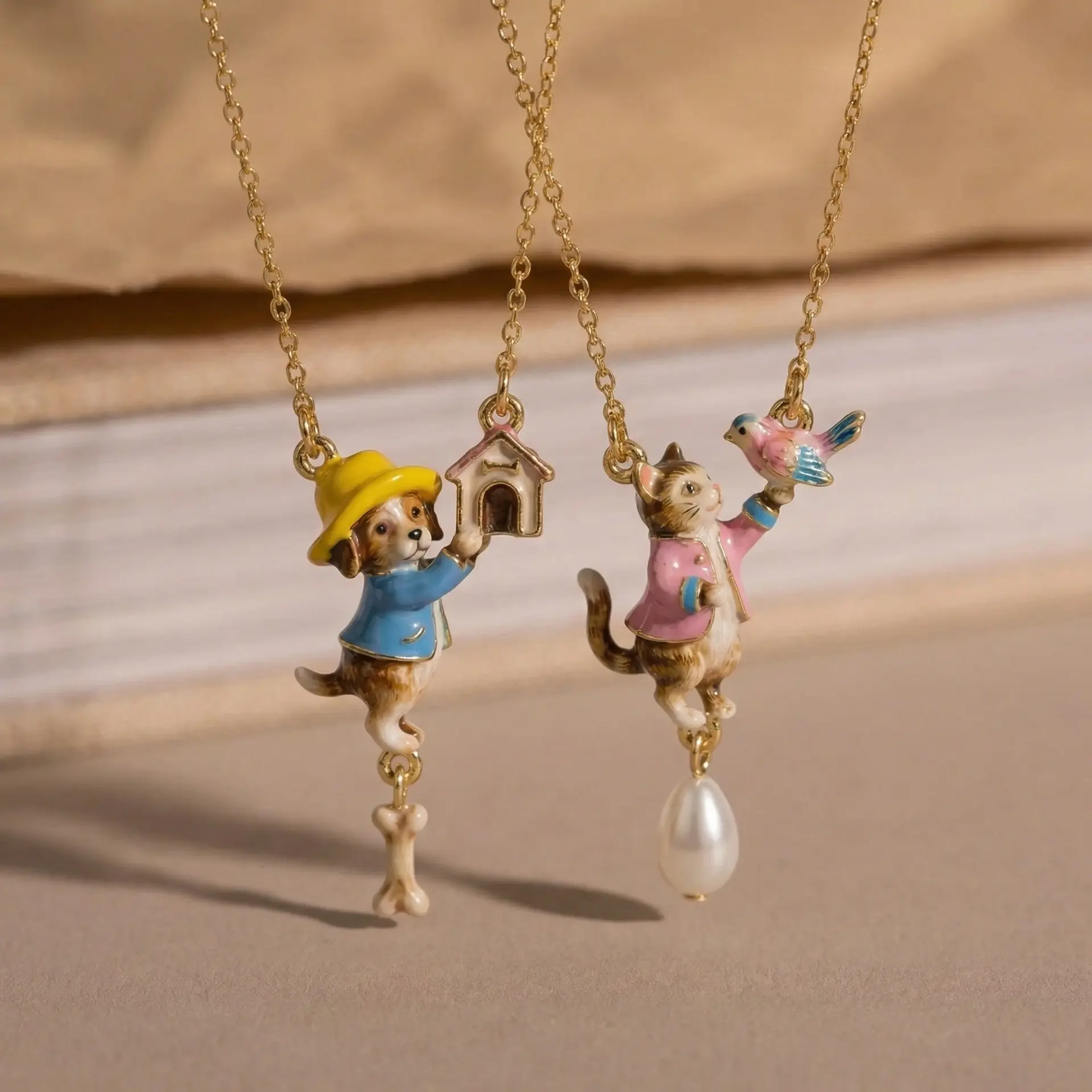 Fairy Tale Style Pet Necklace, Copper Pendant with Puppy, House, Kitten & Flying Bird