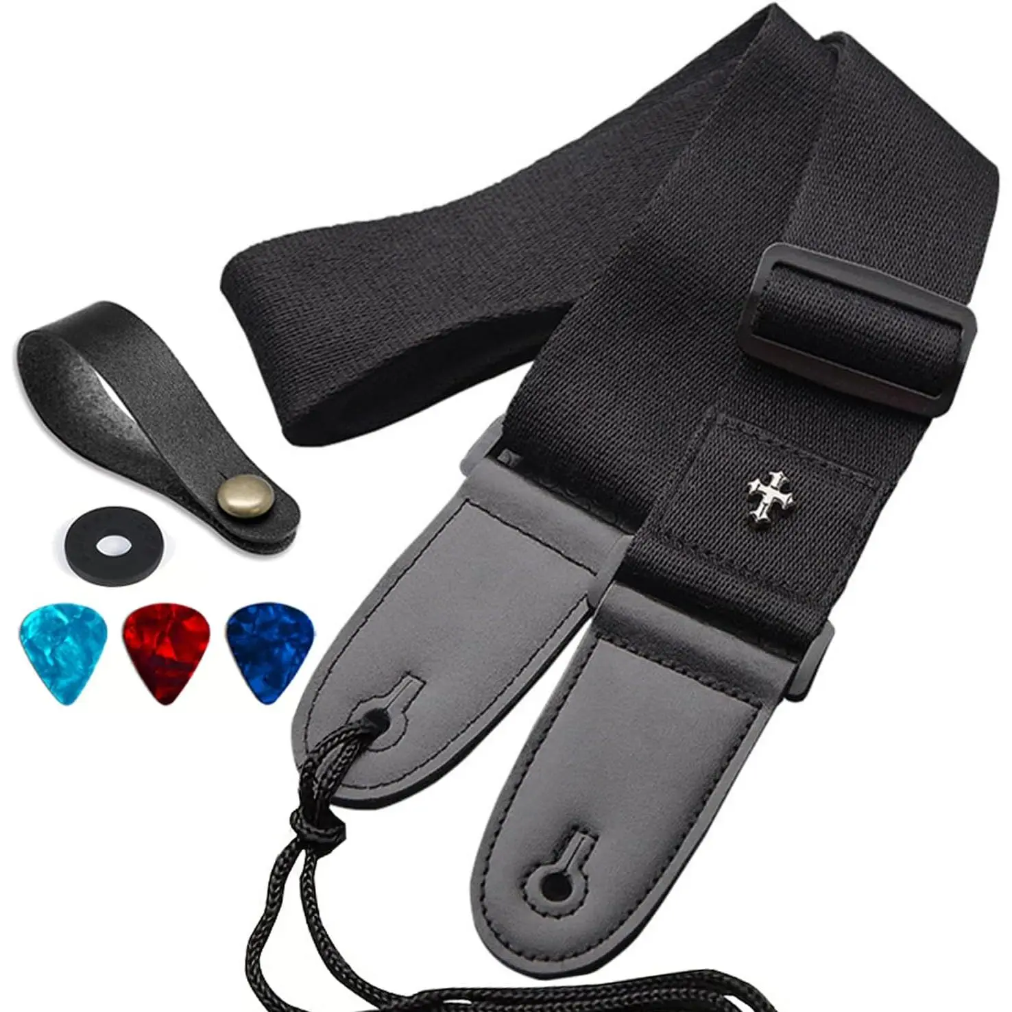 Guitar Strap, Acoustic Electric Guitar Straps, Adjustable Leather Ends Bass Guitar Strap with Picks Pocket