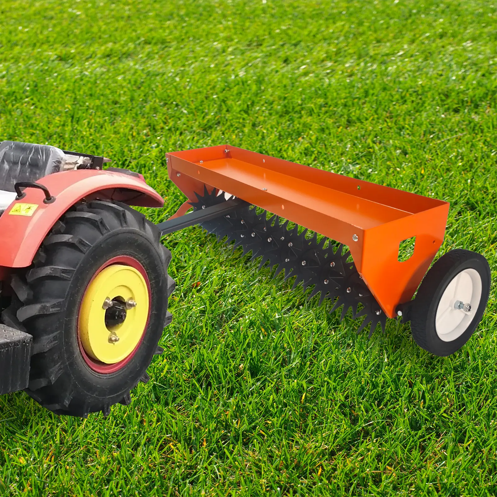 40" Heavy Duty Tow Behind Lawn Aerator – Steel Teeth, Adjustable Handle, Transport Wheels, Tray Included, Effective Soil Aeration and Weed Removal – Orange Finish