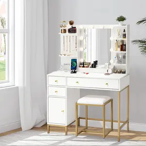 Stylish Lighted Vanity Set with Chair, 38.6" Wide Dressing Table featuring LED Mirror, USB & AC Charging Ports, Multiple Storage Drawers and Shelves for Bedroom Use