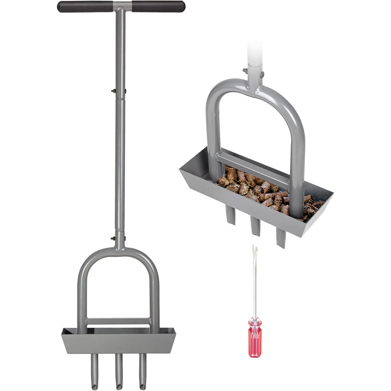 Lawn Aerator Coring Tool with Soil Core Storage Tray, 38.2" Manual Yard Plug Aerator with 3 Tines, Grass Aeration Gardening Tool with Cleaning Tool for Lawn Care and Compacted Soil