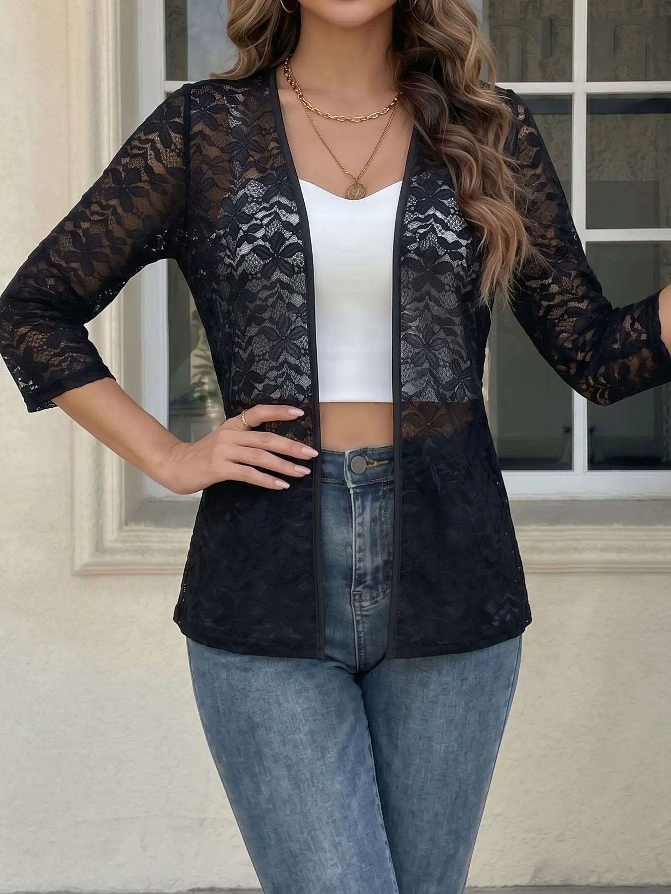 Women's Hollow Out Breathable Sun Protection Lace Cardigan, Casual Commute Wear, Three-Quarter Sleeve V Neck Buttonless Outerwear, Chic Lightweight Jacket, Tops