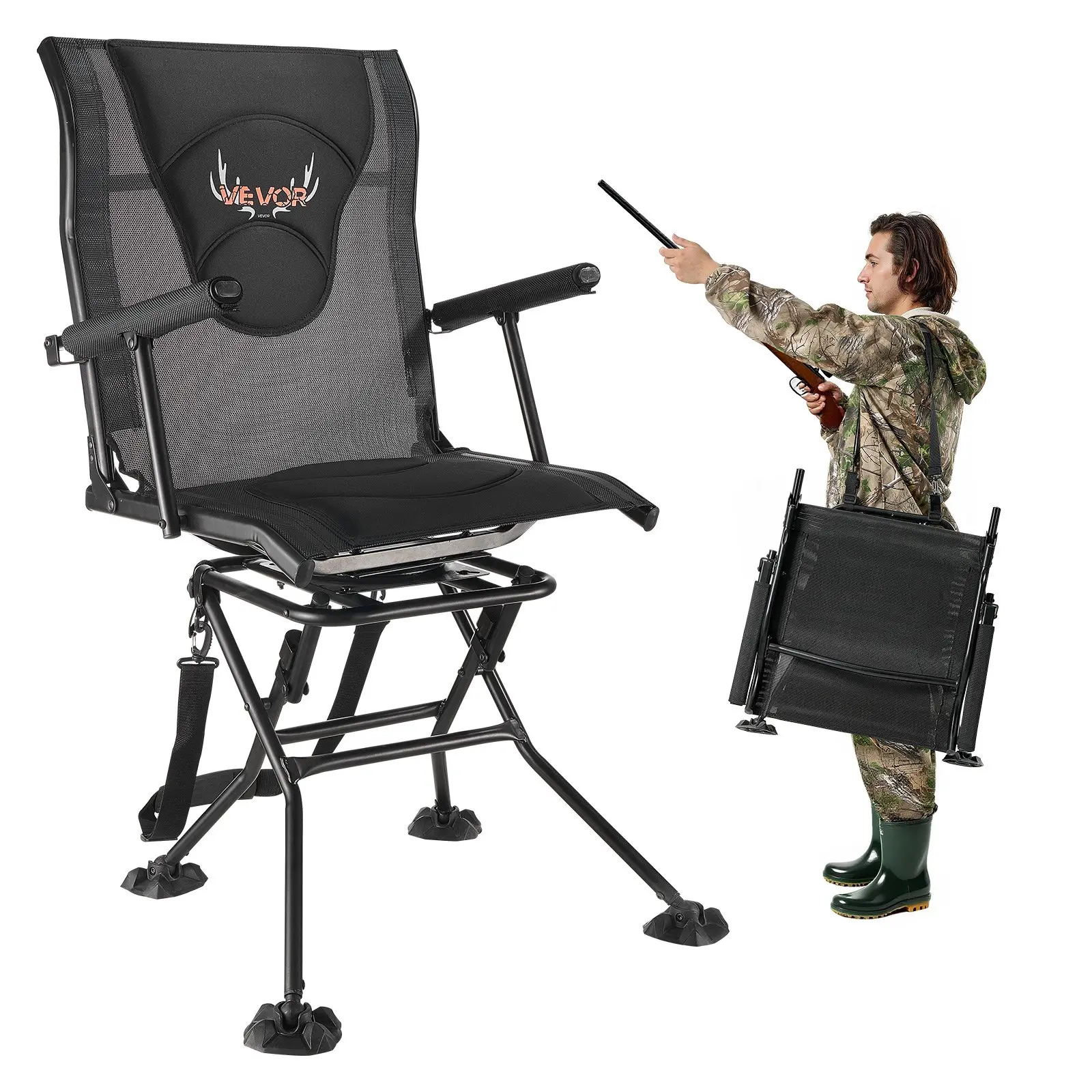 【Summerfinds】VEVOR Hunting Chair, 360° Silent Swivel, Foldable Portable Blind Chair, Heavy-Duty Steel Frame Ground Stool Seat, with Armrests, Adjustable Carry Strap, Anti-Sink Feet, 300 Lbs Capacity for Fishing