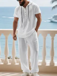 2026 Summer Bestseller, Linen Short Sleeve Set for Men, Hooded T-Shirt + Long Pants Two-Piece Set, Beach/daily/sport Wear