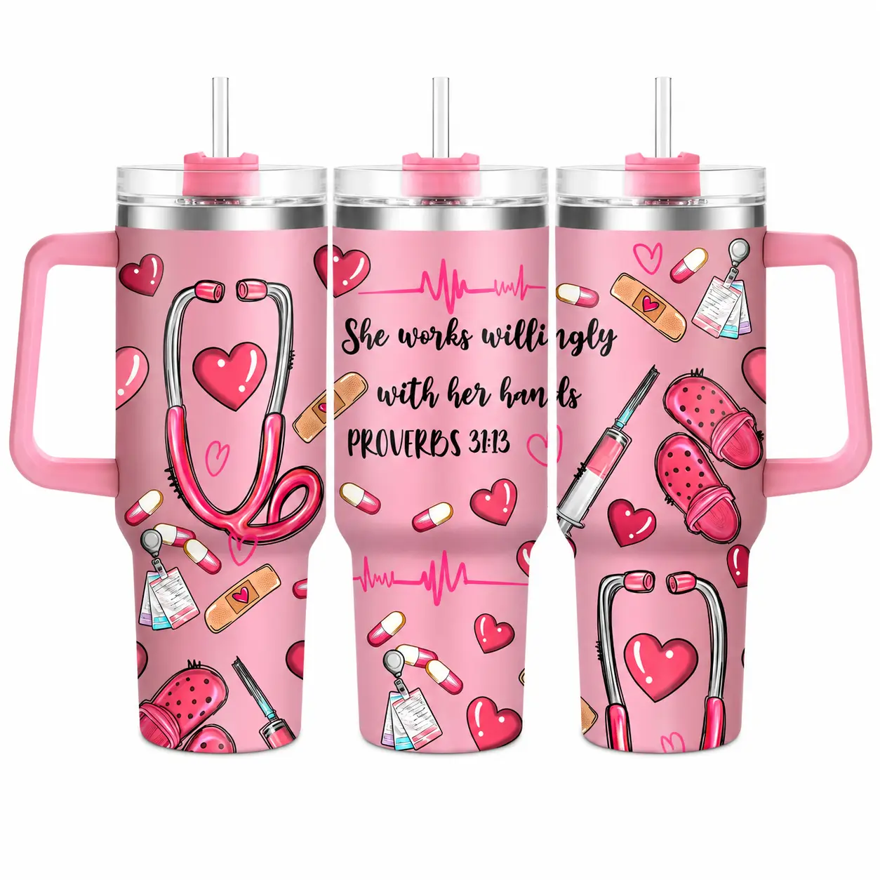 40oz Reusable Thermal Insulated Stainless Steel Flask - Christian Faith Nurse Gift for Mom, Proverbs 31:13 Portable Tumbler with Large Handle, Straw Lid, Car Cup Holder Fit, Drink Bottle from Daughter/Husband for Birthdays