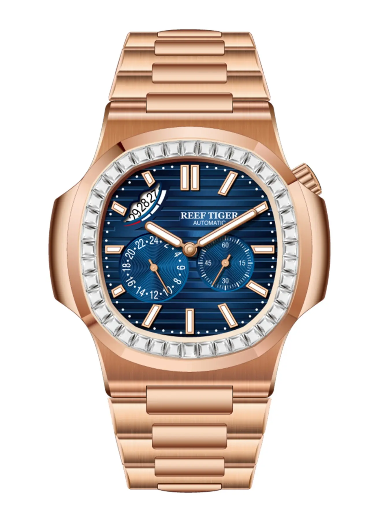 Reef Tiger Men's Fashion Square Watch, Fashionable Waterproof Wristwatch, Sapphire Crystal, Rose Gold, Calendar, 24-Hour, Automatic Mechanical, Waterproof Steel Band