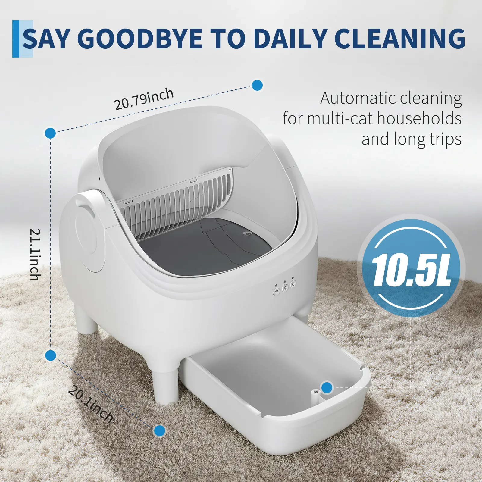 Open Top Self-Cleaning Automatic Cat Litter Box, Odor-Free ABS Litter Tray with APP & Wi-Fi Remote Control, 10.5L Large Waste Container, 7-Layer Safety Protection & Ultra-Quiet Operation, Suitable for Large Cats and Multi-Cat Households